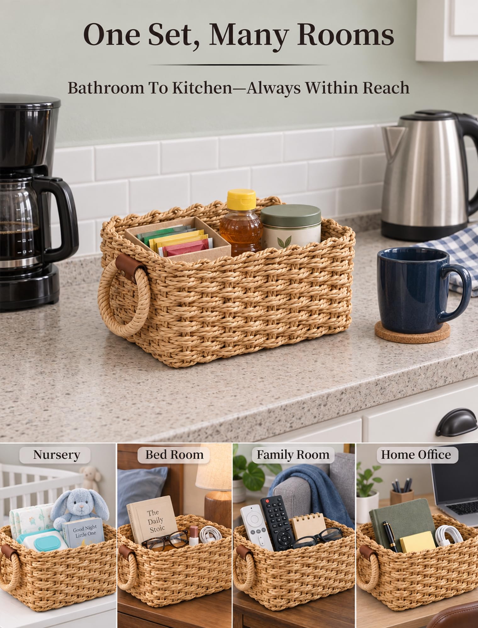 Small Wicker Baskets - 3 Pack for Shelves -6 Small Wicker Baskets - 3 Pack for Shelves -6