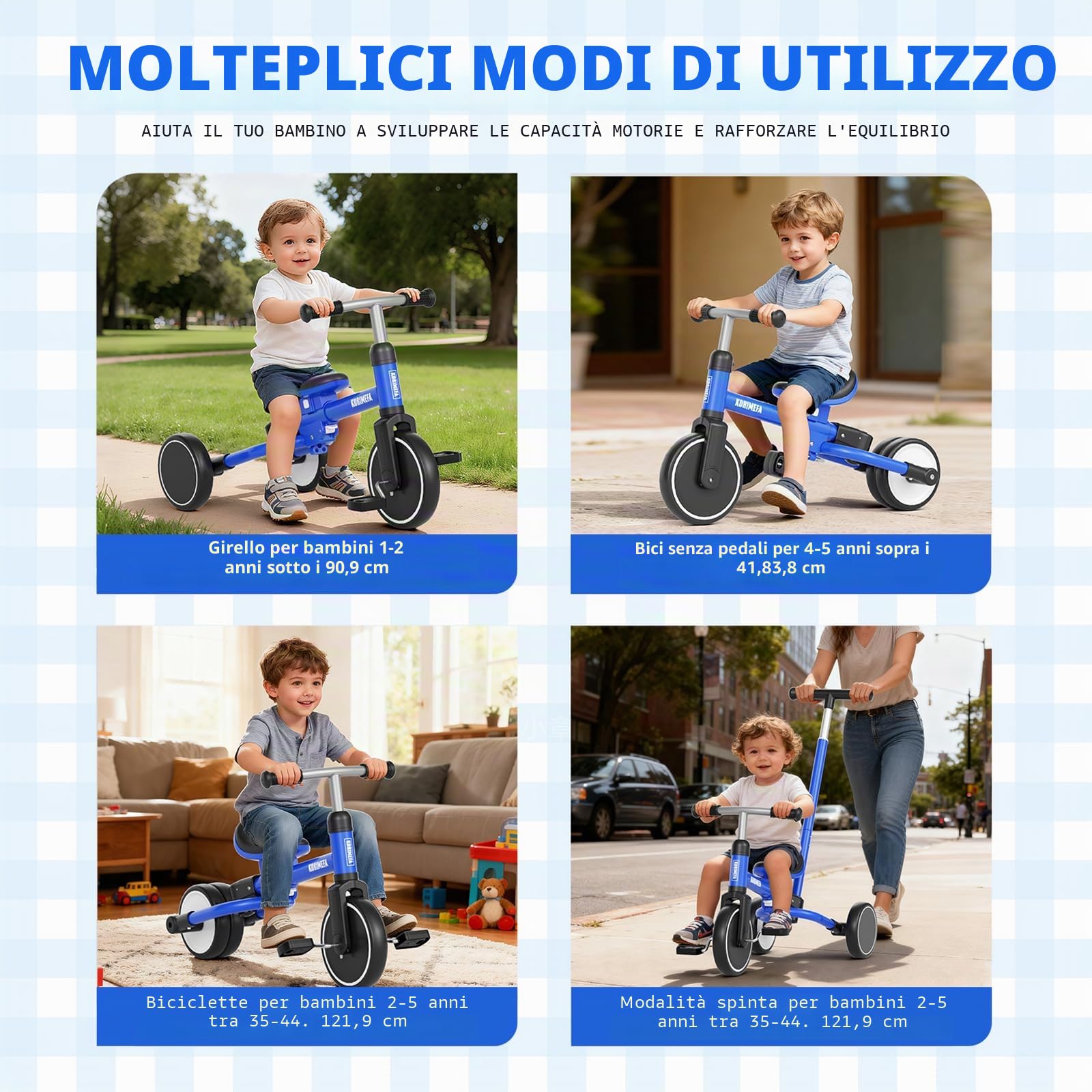 KORIMEFA Triciclo Bambini 1 anno con barra di spinta, triciclo per bambini 5 in 1 da 1 a 3 anni, sedile regolabile, pedali rimovibili, Bicicletta per Bimba e Bimbo (blu)