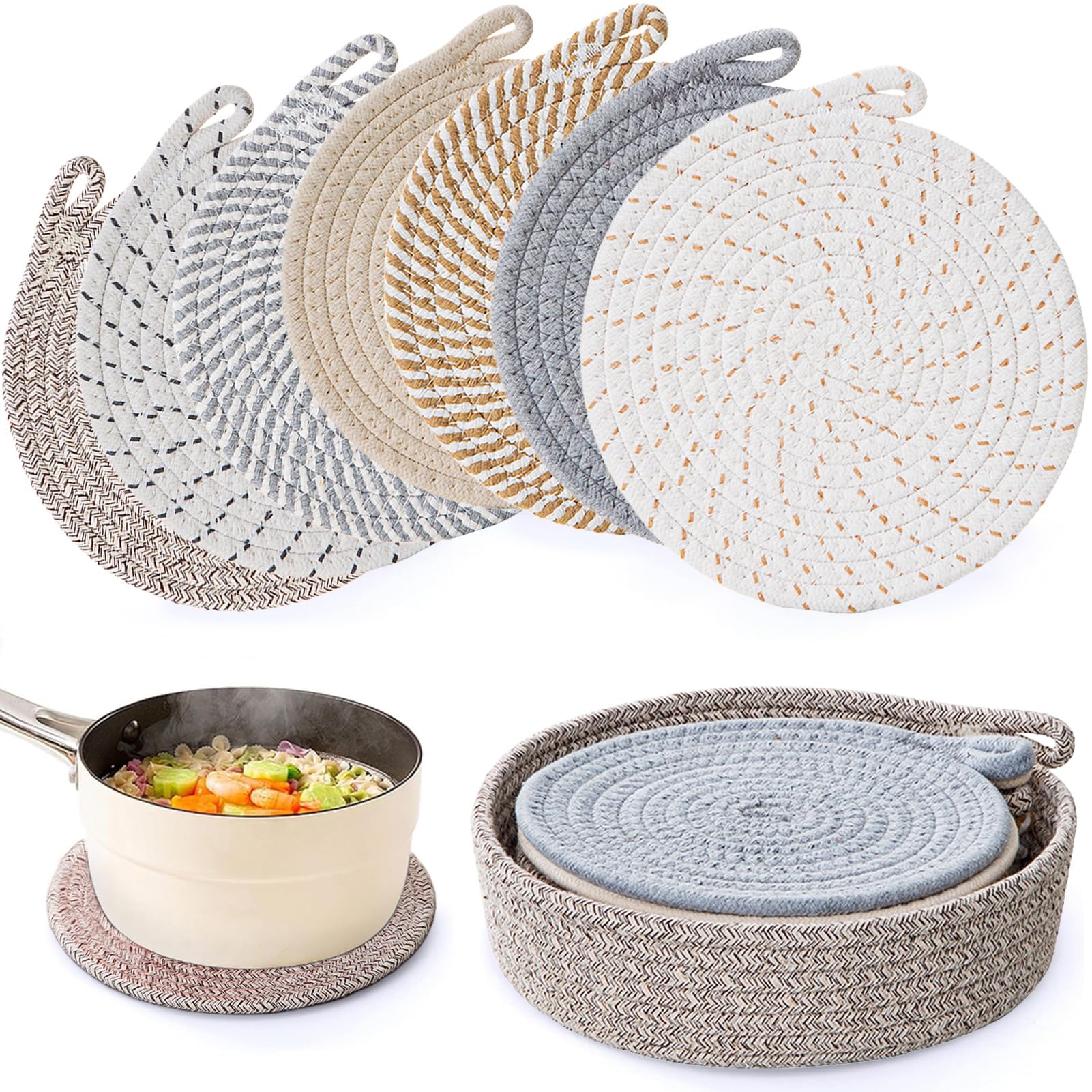 Trivets for Hot Dishes, 7PCS Hot Pads for Kitchen, Cotton Braided Trivets for Hot Pots and Pans With Handle, Heat Resistant Mats for Countertop, Trivet for Place Mats, Vase Mats, Coasters
