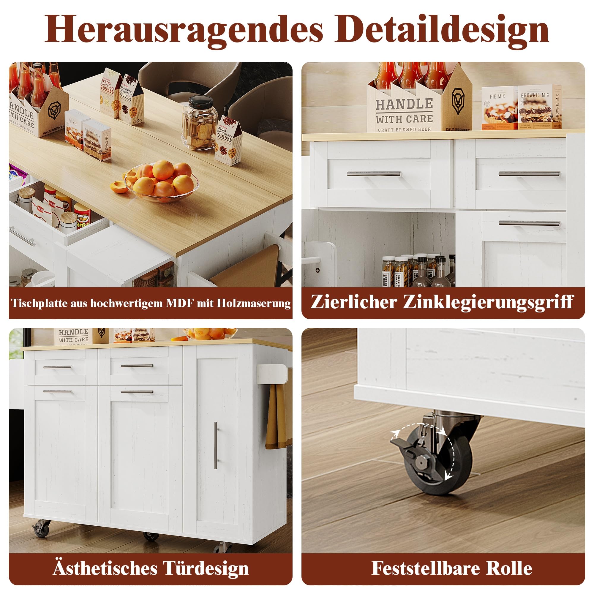 Kücheninsel, Küchenschrank, Buffetschrank, Speisewagen mit Holzmaserung, Multifunktionale Esstisch mit Speicherraum, mit Snackregalen und Stretchfunktionsschränken, Weiß