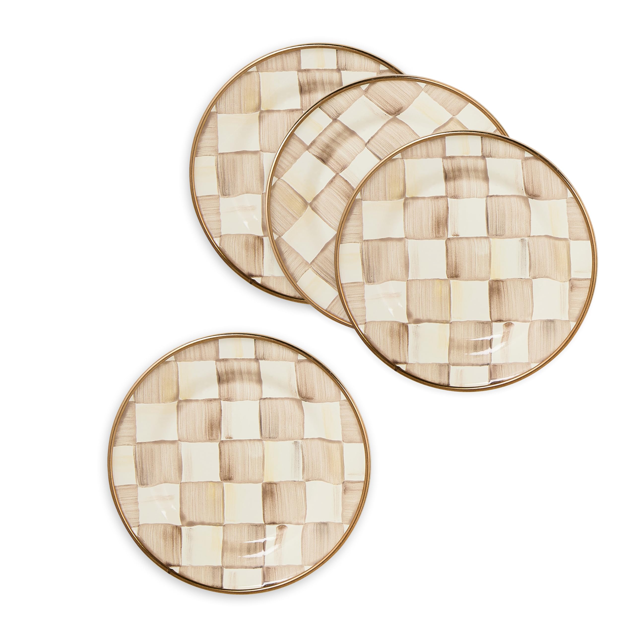 MACKENZIE-CHILDS Set of 4 Enamel Appetizer Plates, Decorative Dinnerware Plate, 5 Inches, Brown-and-White Mocha Check