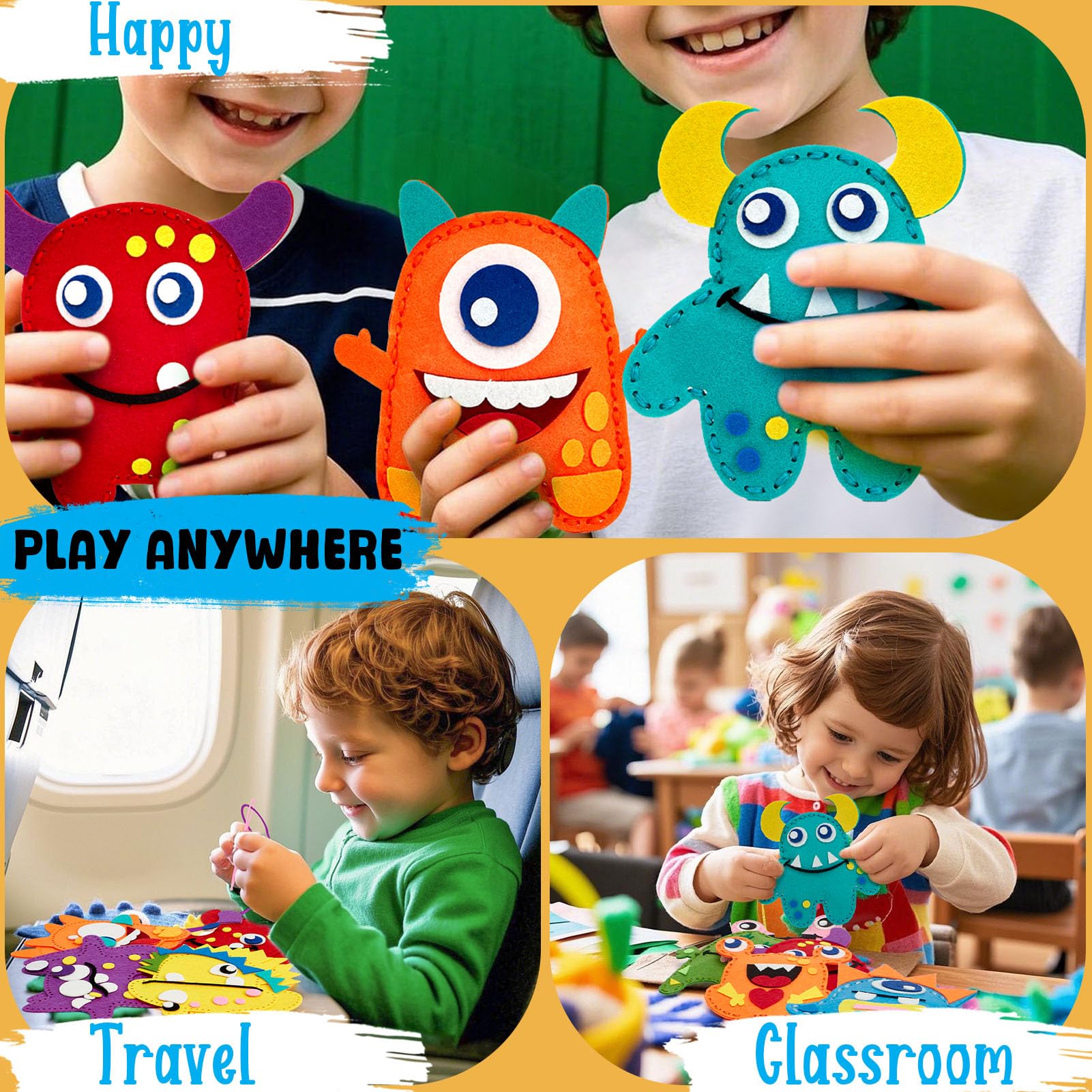 Toylink Kit de Costura para Niños, Kit Manualidades Niños con 12 Fieltro Para Juegos de Manualidades & Hilo Bordar & Agujas Coser, DIY Costura Regalo Niñas 6 7 8 9 10 Años (Monstruos)