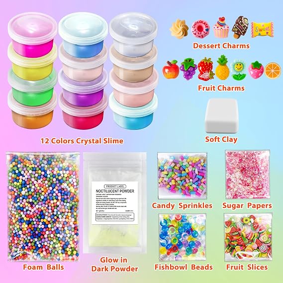 12 Cups DIY Slime Kit, Slime Making Kit for Girls, Premade Clear Slime