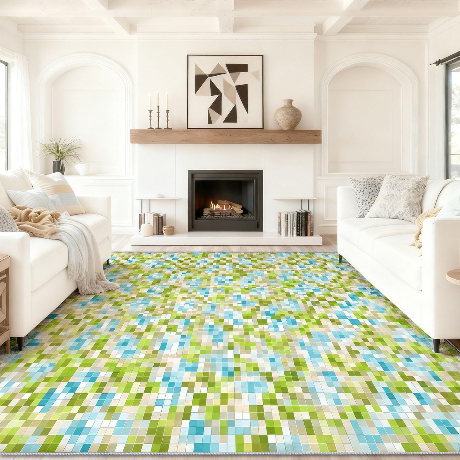 Tapis lavable en flanelle à poils ras et effet haute profondeur géométrique pour séjour moderne