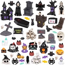 CCINEE 48pcs Halloween Mini Resin Figurines for Crafts, Miniature Skull Ghost Pumpkin Figures to Hide Tiny Village Collections Bulk for Holiday Party Favor Table Indoor Garden Dollhouse Decorations
