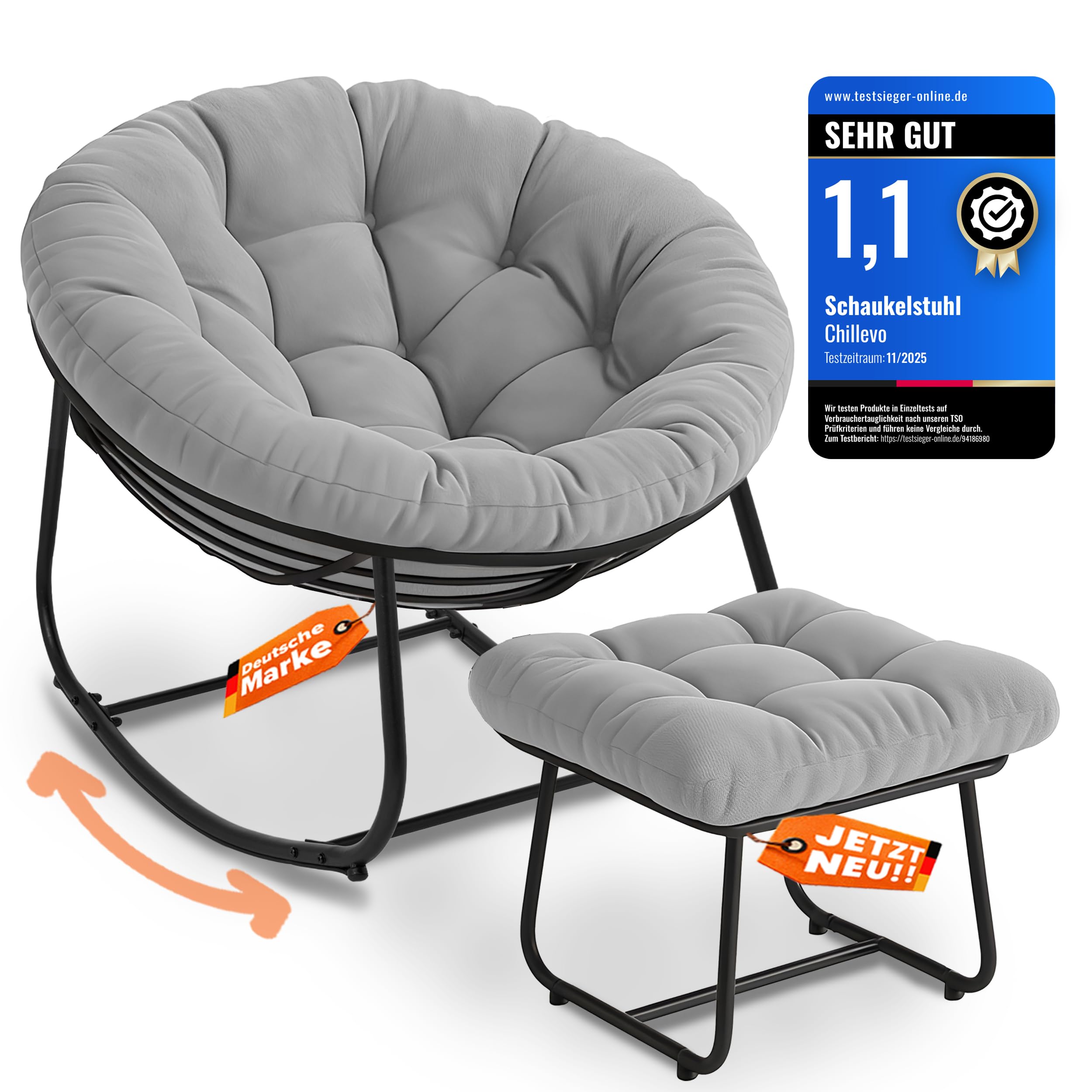 Chillevo Chillzeit Schaukelstuhl mit Fußablage [Testsieger] Wetterfest Schaukelsessel Ergonomisch Rocking Chair für Wohnzimmer Garten Balkon & Terrasse XXL Outdoor belastbar bis 180kg (Mondgrau)