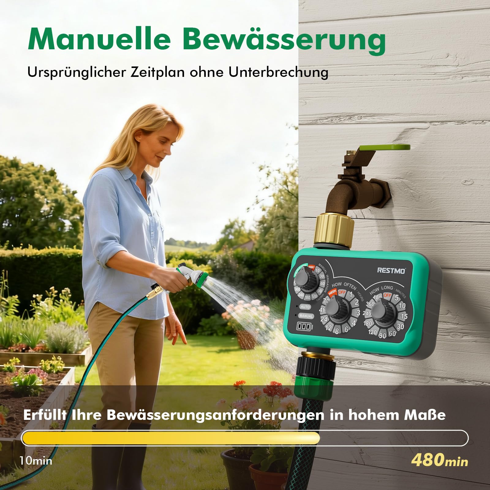 RESTMO Mechanischer Bewässerungscomputer mit 3 Drehreglern, Messing Einlass & Auslass, Zeitschaltuhr für Gartenschlauch, automatisches Tropfbewässerungssystem, bis 480 min, einfache Einrichtung