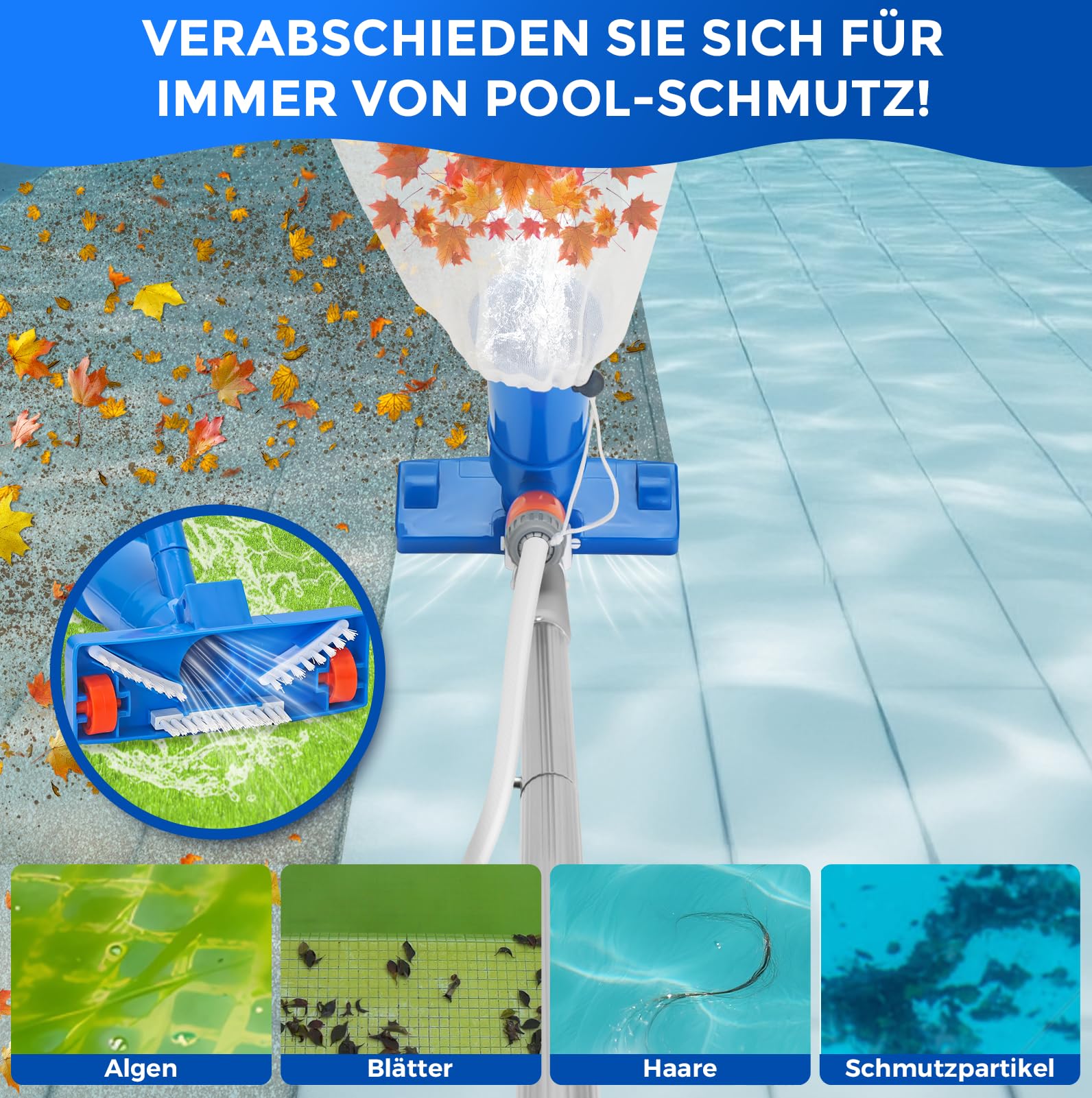 140cm Pool-Reinigungsset, Schwimmbecken-Saugreiniger mit 5-teiligem Teleskopstab, Pool-Pflegeset inklusive Reinigungsnetz, Teichsauger mit großvolumigem Skimmernetz Schmutzbeseitigung