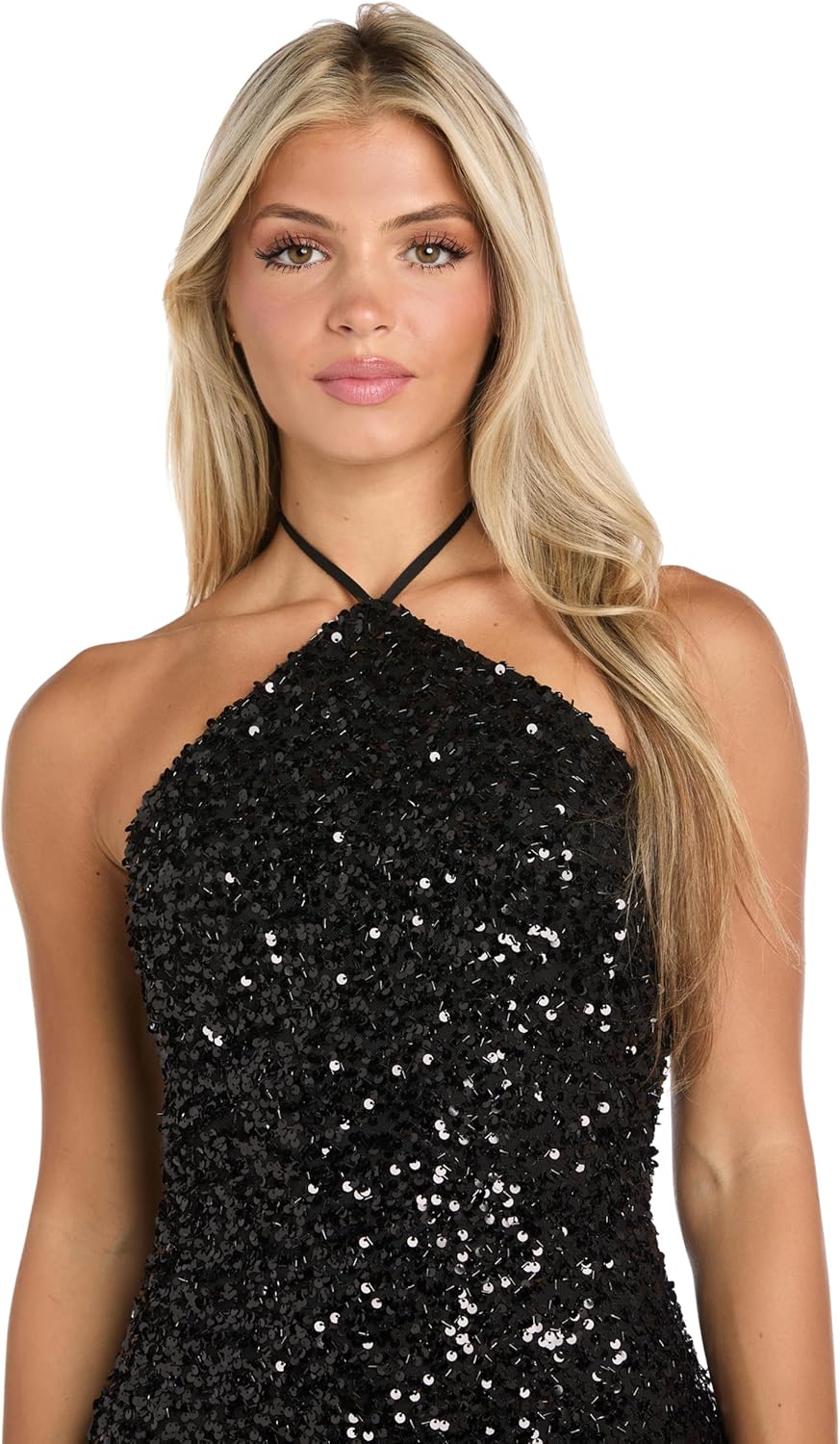 Women's Sequin Embellished High Neck Maxi Gown - Open Tie-Back Evening Dress W/Side Slit -Cocktail Attire - Image 2