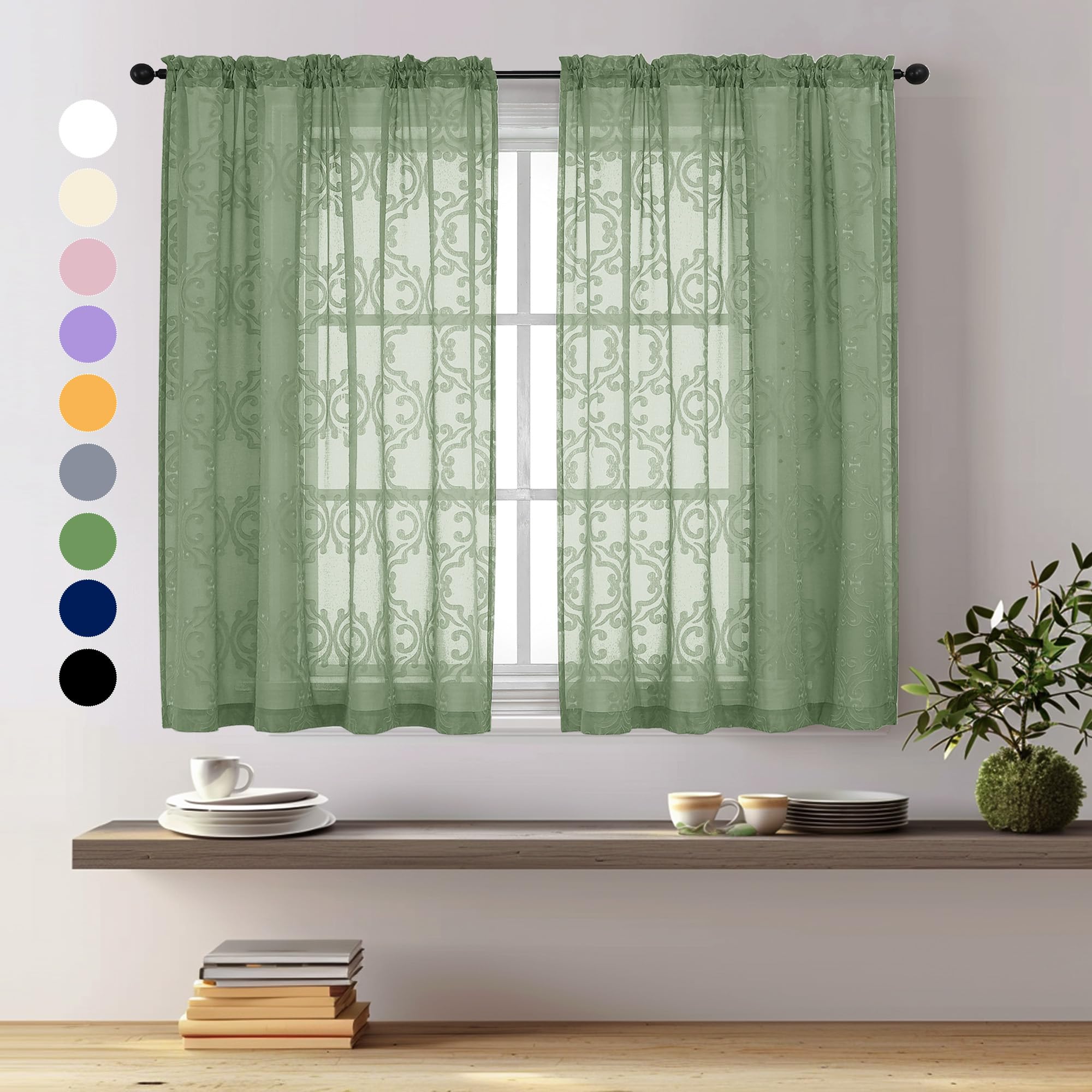 Aiyufeng Green Sheer Curtains 45 Inch Length for Bedroom Living Room, Lightweight & Breathable Textured Jacquard Fabric Semi Sheer Curtain Panels, Each 28Wx45L Inch, 2 Panels Set