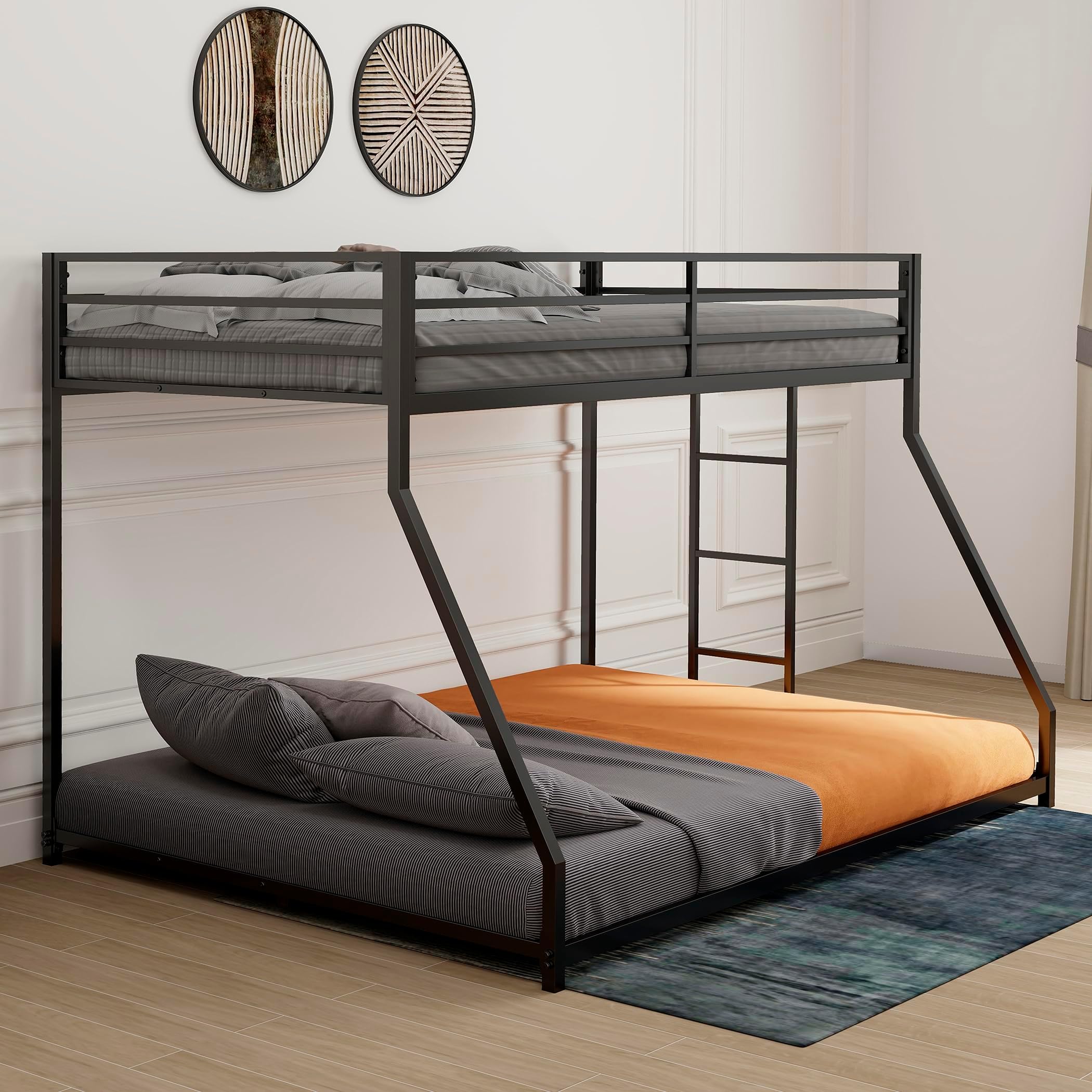 Bellemave Twin Over Full bunk Bed，Metal Floor Bunk Bed, Bunk Bed for Kids, Adults, Bunk Bed for Boys, Girls, Adult bunk beds Heavy Duty, Twin Over Full, Black