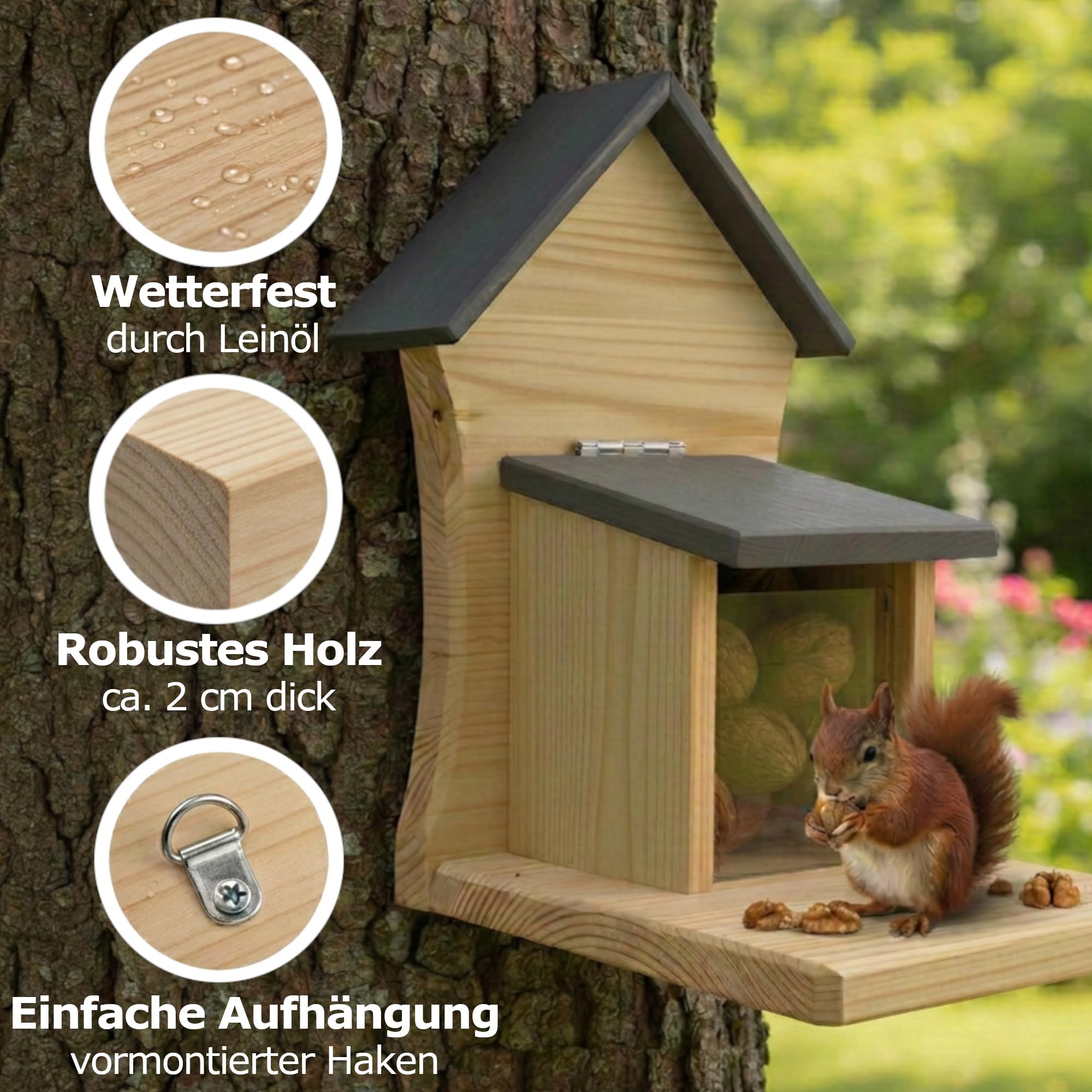 DAdie Eichhörnchen Futterhaus - Wetterfeste und Robuste Eichhörnchen Futterstation - zum Hängen oder Stellen - Robust Dank 2cm dickem Holz - vormontierte Aufhängung