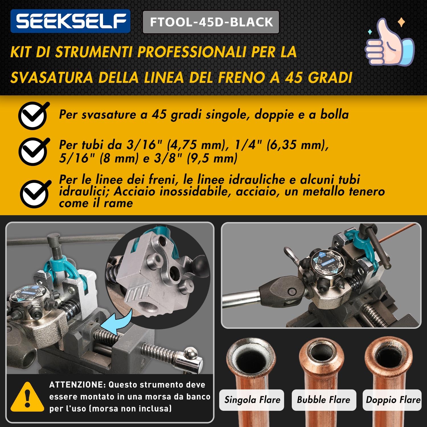 Strumento di Svasatura Tubi dei Freno Kit per Svasature Singole, Doppie e a Bolle da 45°, per Tubi Metallici in Acciaio e Rame da 3/16", 1/4", 5/16", 3/8" e 4,75 mm
