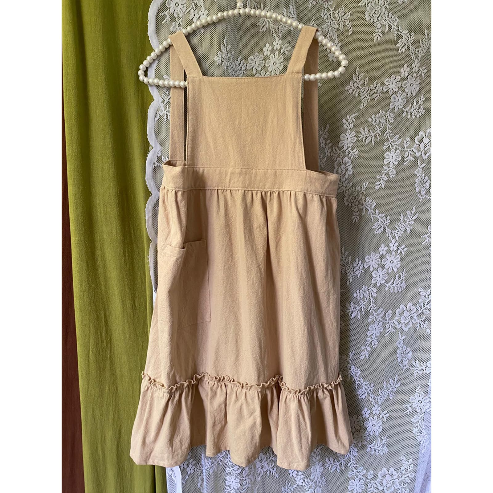 Grembiule in cotone e lino con volant per donne e ragazze, stile vintage, per cucinare, giardinaggio, lavoro, cameriera, grembiule con tasche