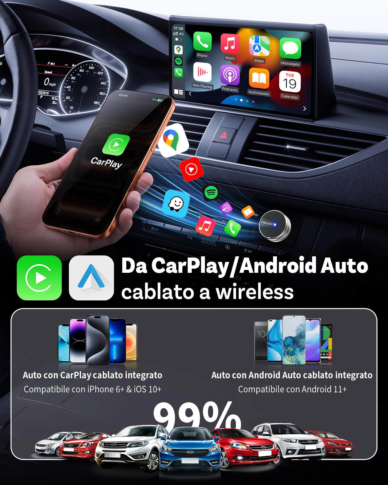 OTTOCAST Mini Tube 2026, Adattatore Wireless CarPlay & Android Auto, Connessione in 5-8s, USB-A/Type-C, Aggiornamento OTA, iOS 10+/Android 11+, Compatibile Auto dal 2016 (No BMW/Tesla)
