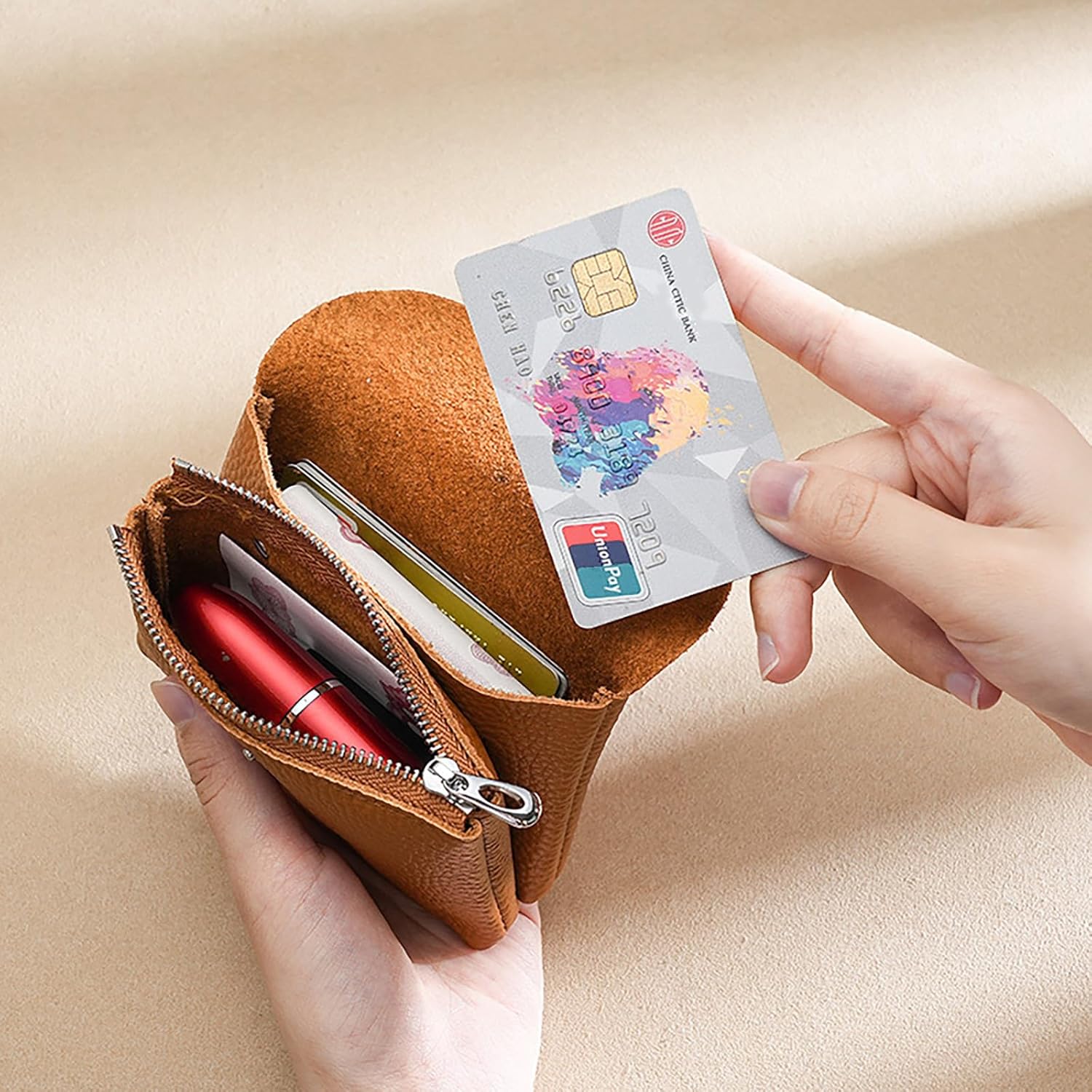 Genuine Leather Mini Change Wallet, Multifunction Zipper Pocket Key Credit Card Headset Lipstick Organizer (Brown) - Image 6