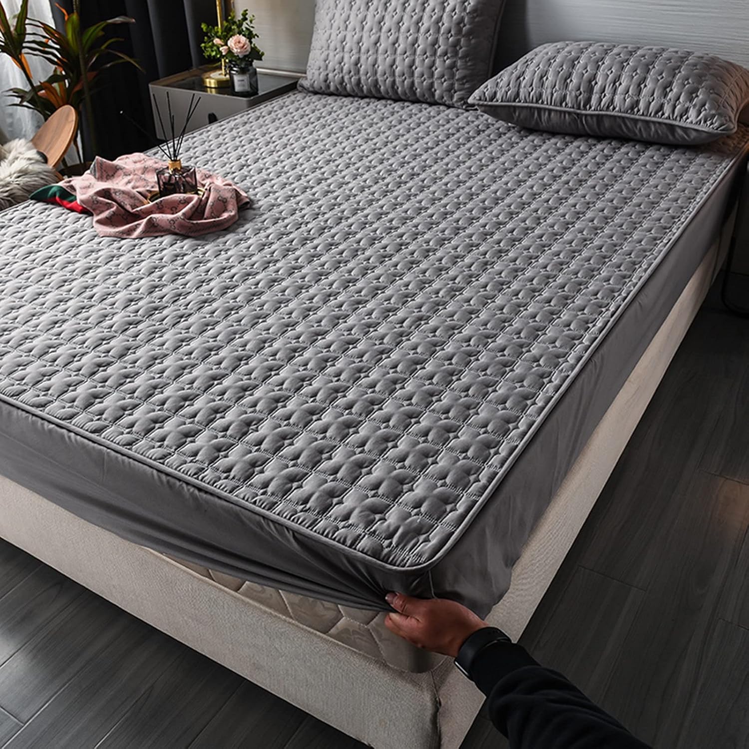 YUDEYU Fitted Sheet Sheets Grey Washed Cotton Fabric Mattress Cover