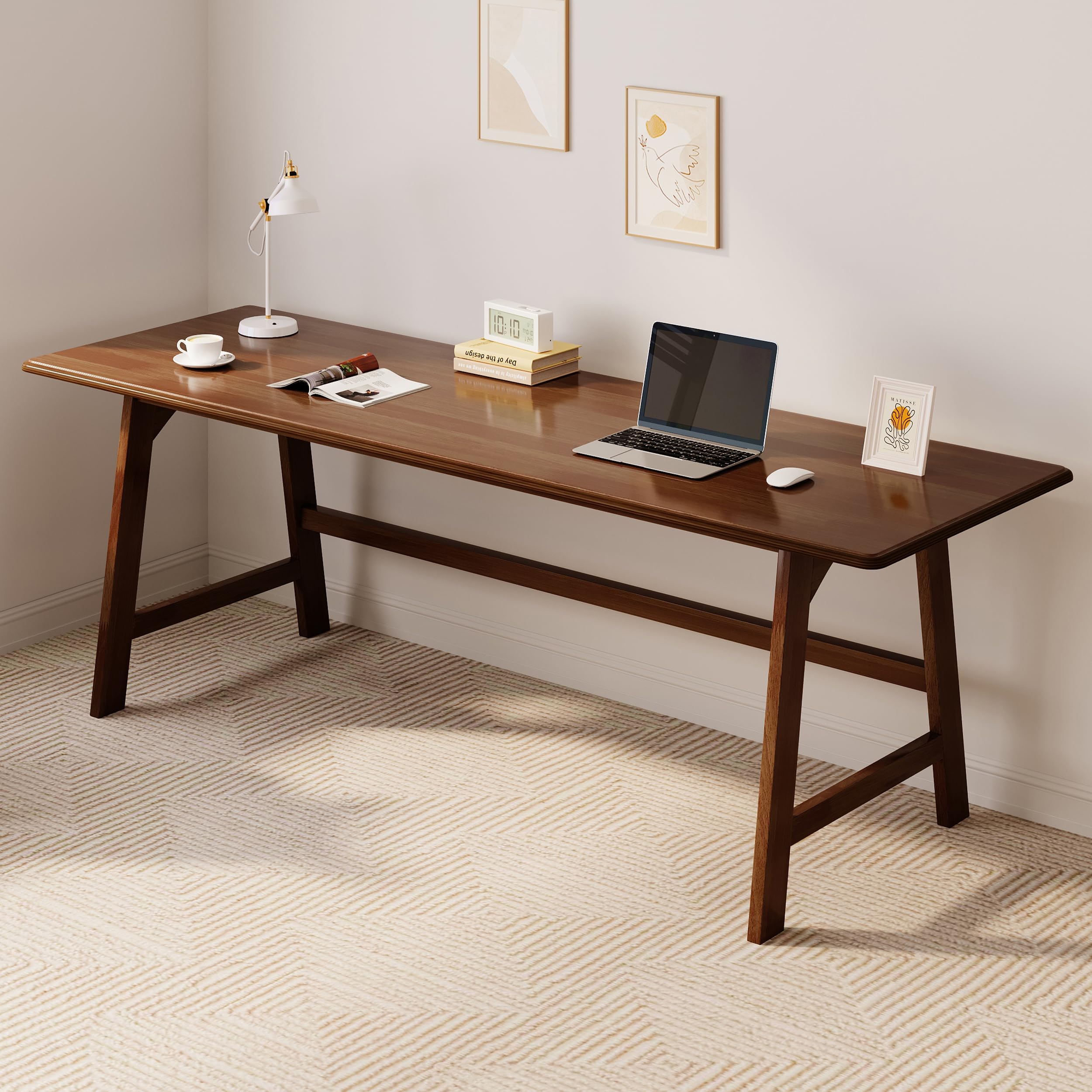 Photo 1 of IOTXY Solid Wood Writing Table - 72"W Minimalist Long Computer Desk, Walnut
