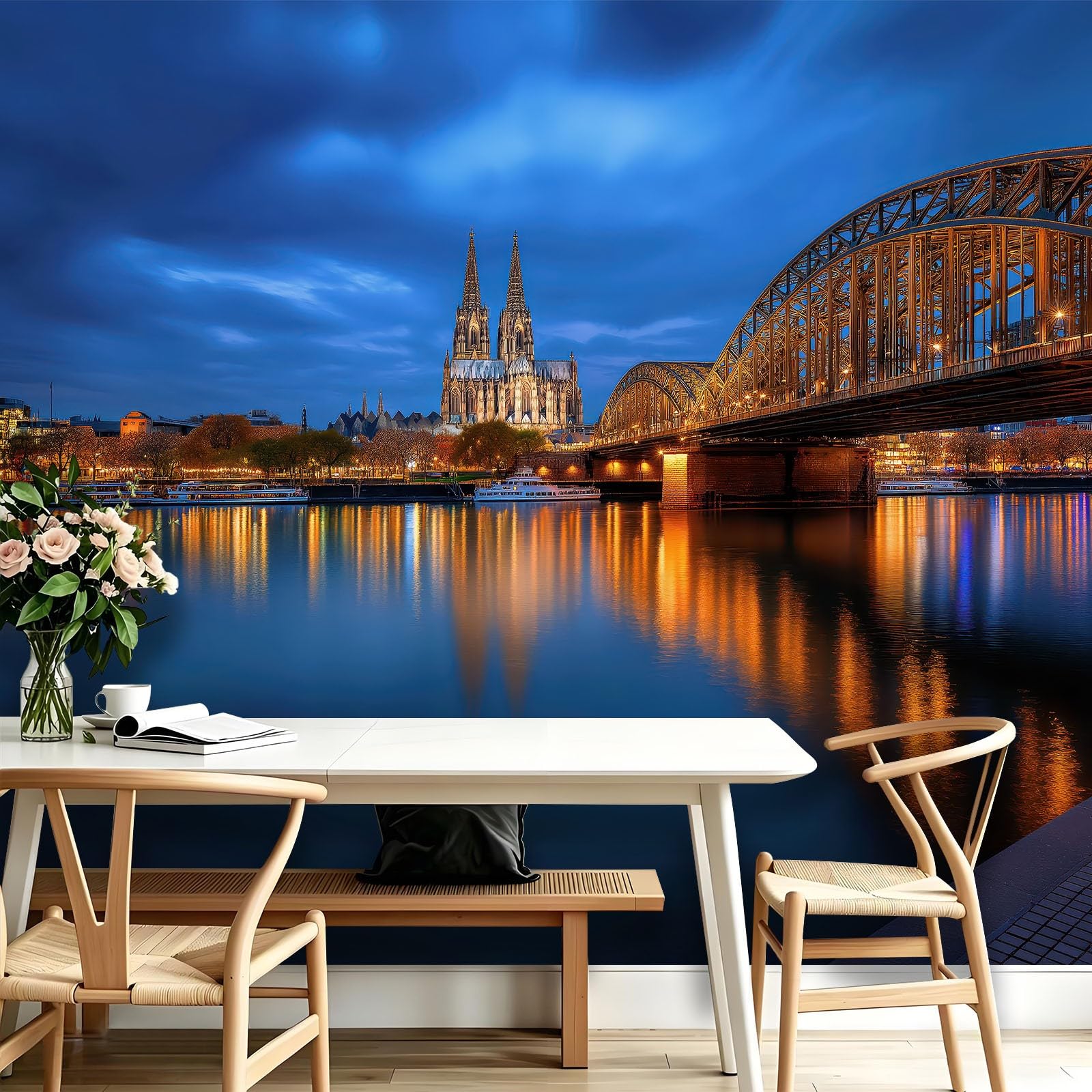 Genérico 3D Papel pintado Ciudad Puente Río 150x105cm - Papel pintado panorámico mural - Póster nocturno urbano Skyline - Decoración para sala de estar, dormitorio, cocina y baño