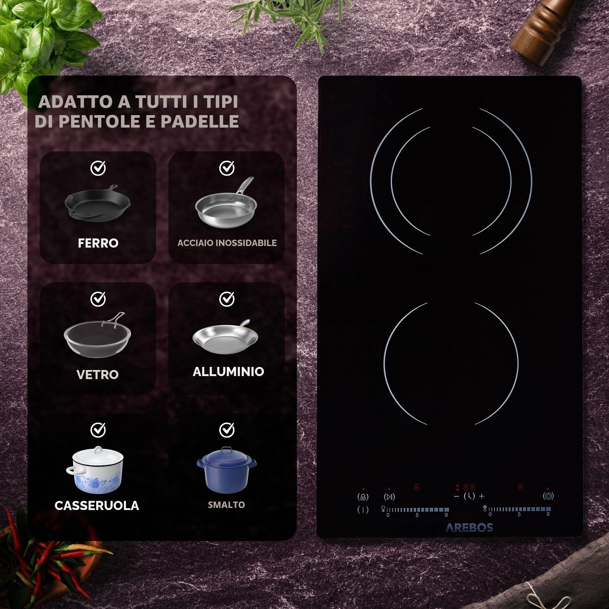 Arebos Piano cottura vetroceramica elettrica | doppia piastra di cottura in vetroceramica | 2 Fuochi | Touch Control | Led Display | 3000 W
