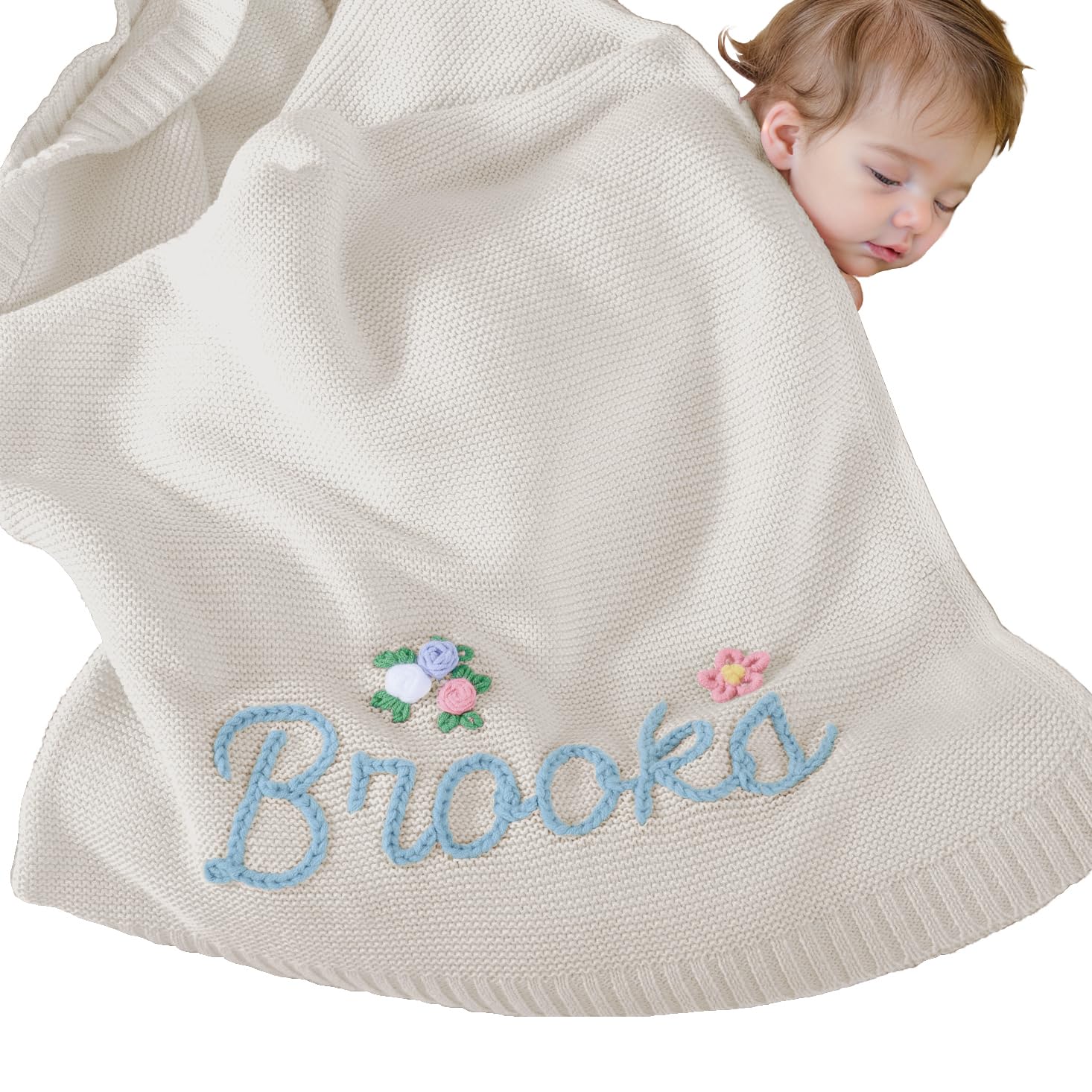 REQTYUI Personalized Baby Blanket for Boys Girls with Hand Embroidered Name Super Soft Blanket, Custom Warm Lightweight Baby Receiving Blankets Backing for Toddler Nursery (White)