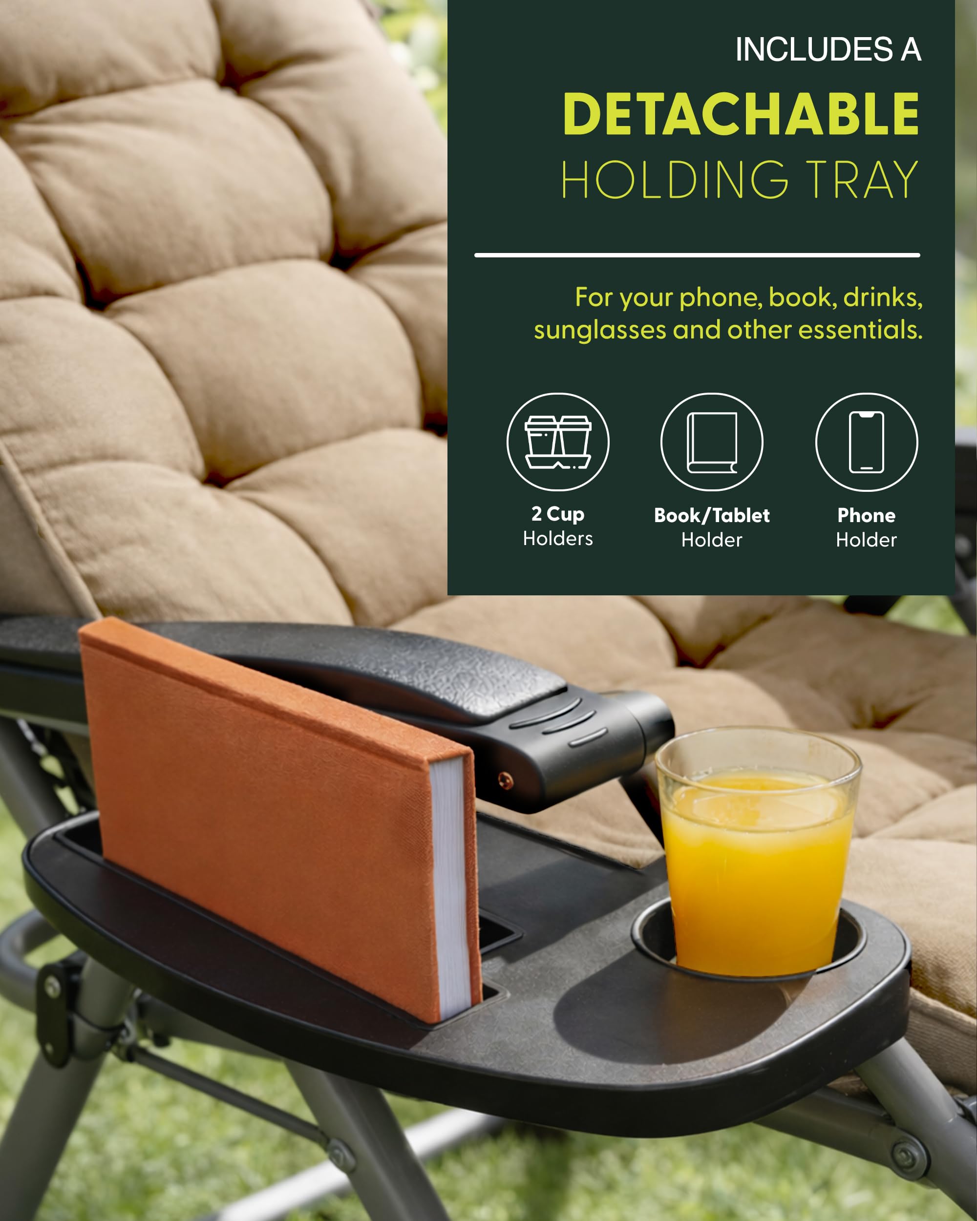 KEPLIN Square Tube Gravity Chair with Cushion 1 Pack – Extra Wide 72cm Zero Gravity Reclining Garden Chair, Reinforced Frame Supports 150kg, Locking System, Cup Holder, Foldable Sun Lounger — view 8