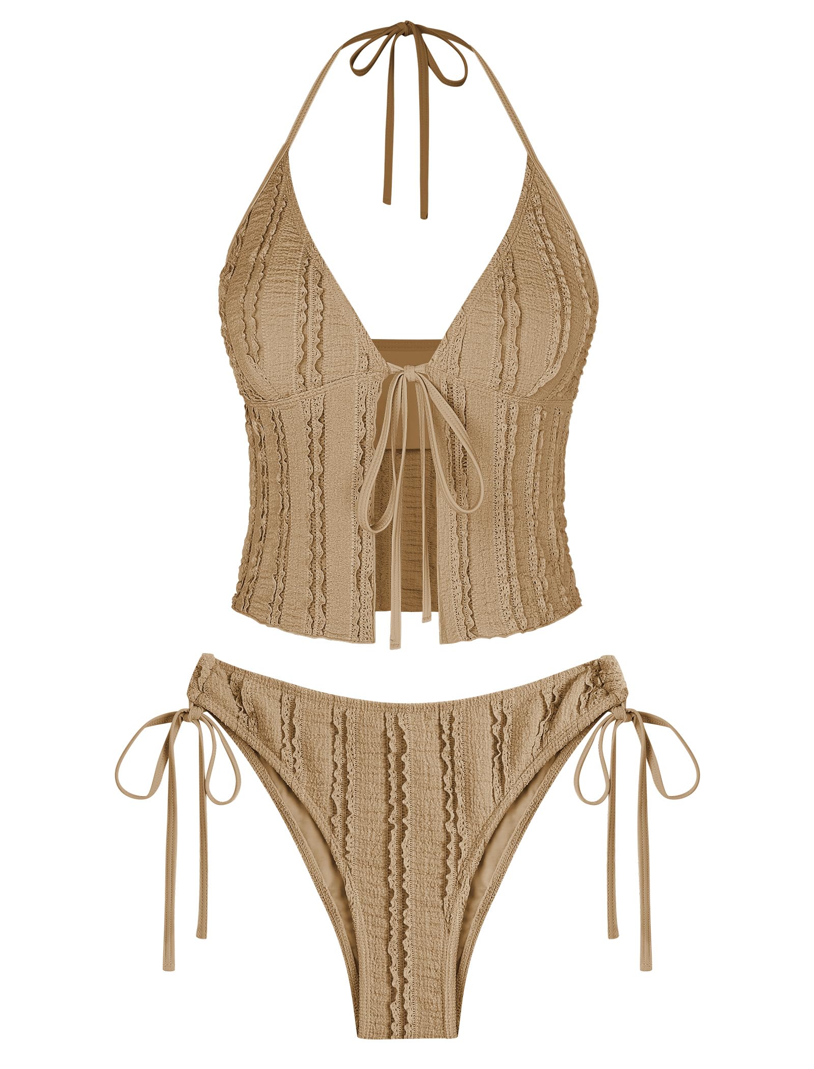 ZAFUL Tankini Swimsuits for Women Smocked Ruffles Tie Front Bowknot Textured High Cut Tanga Tankini Set