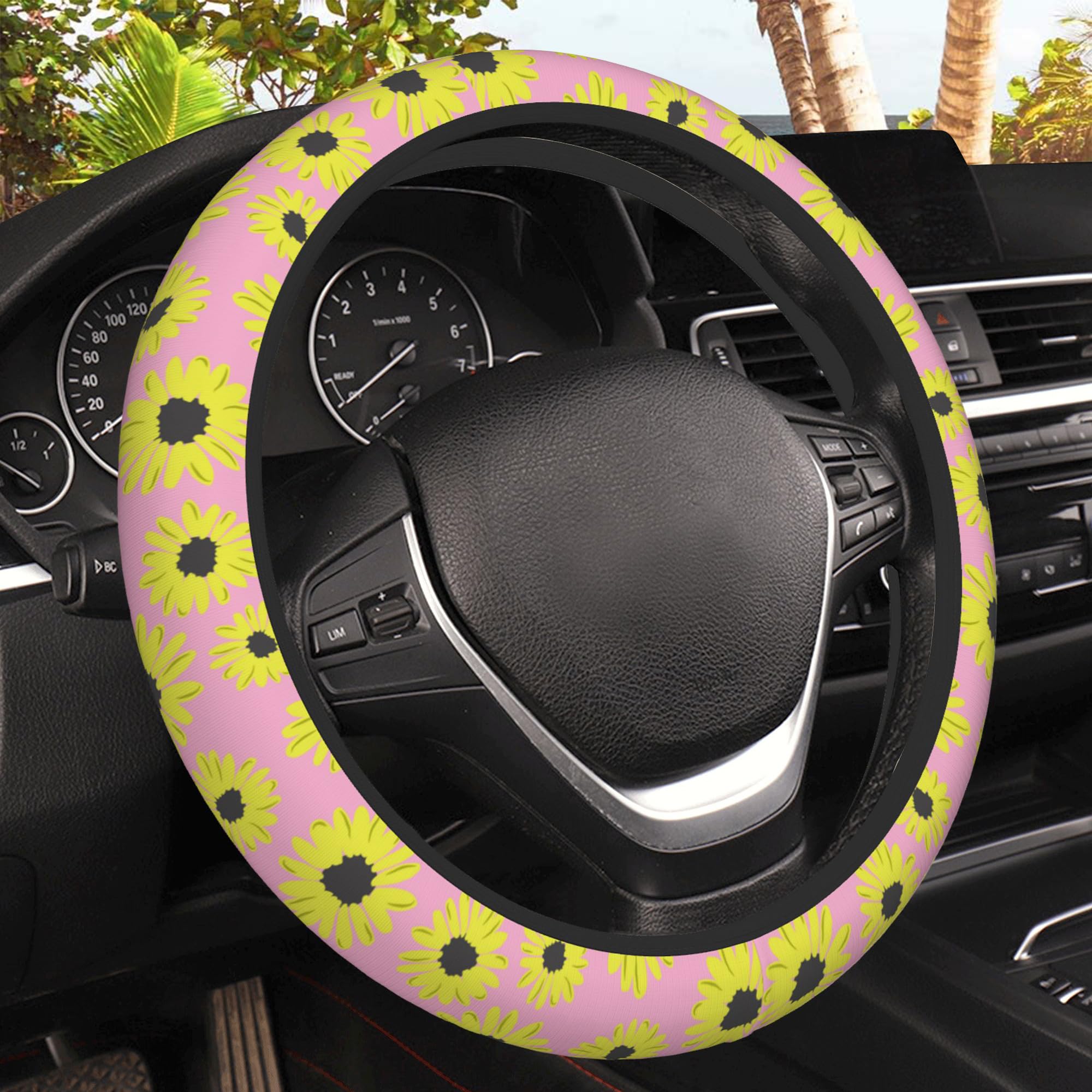 Abstract Sunflower Car Steering Wheel Cover, Non-Slip Absorbing Sweat Car Wheel Cover Accessories for Men Women,Universal 15" Fit Auto SUV Vans Trucks