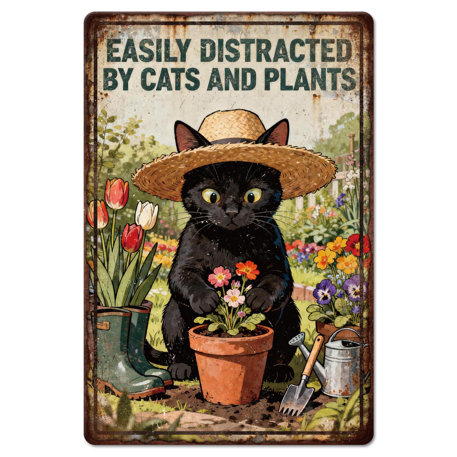 GLOBLELAND Cat Garden Metal Tin Sign 8x12 inch "Easily Distracted By Cats And Plants" Funny Vintage Painting Tin Signs Wall Poster Plaque for Farmhouse Kitchen Living Room Man Cave Bar Game Room