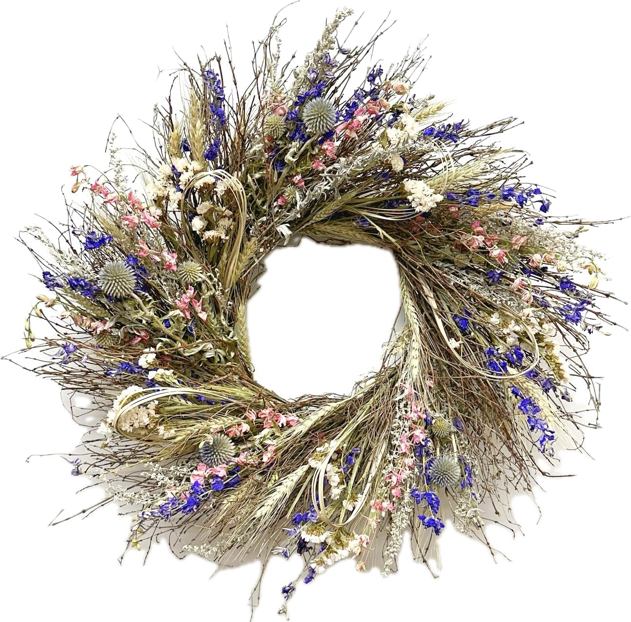 VanCortlandt Farms Delphinium Wreath - Dried Flowers, Everlasting, Organic, Handmade, Twigs, Natural, Gift, Colorful, Mother's Day, Easter, Wildflowers, Larkspur, Echinops, Spring, Real (22 inches)