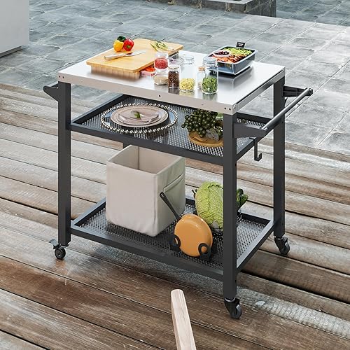 Vista 25 de Domi - Carrito de 3 estantes para parrilla al aire libre con ruedas, mesa para horno de pizza y mesa de preparación de alimentos, mesa de acero