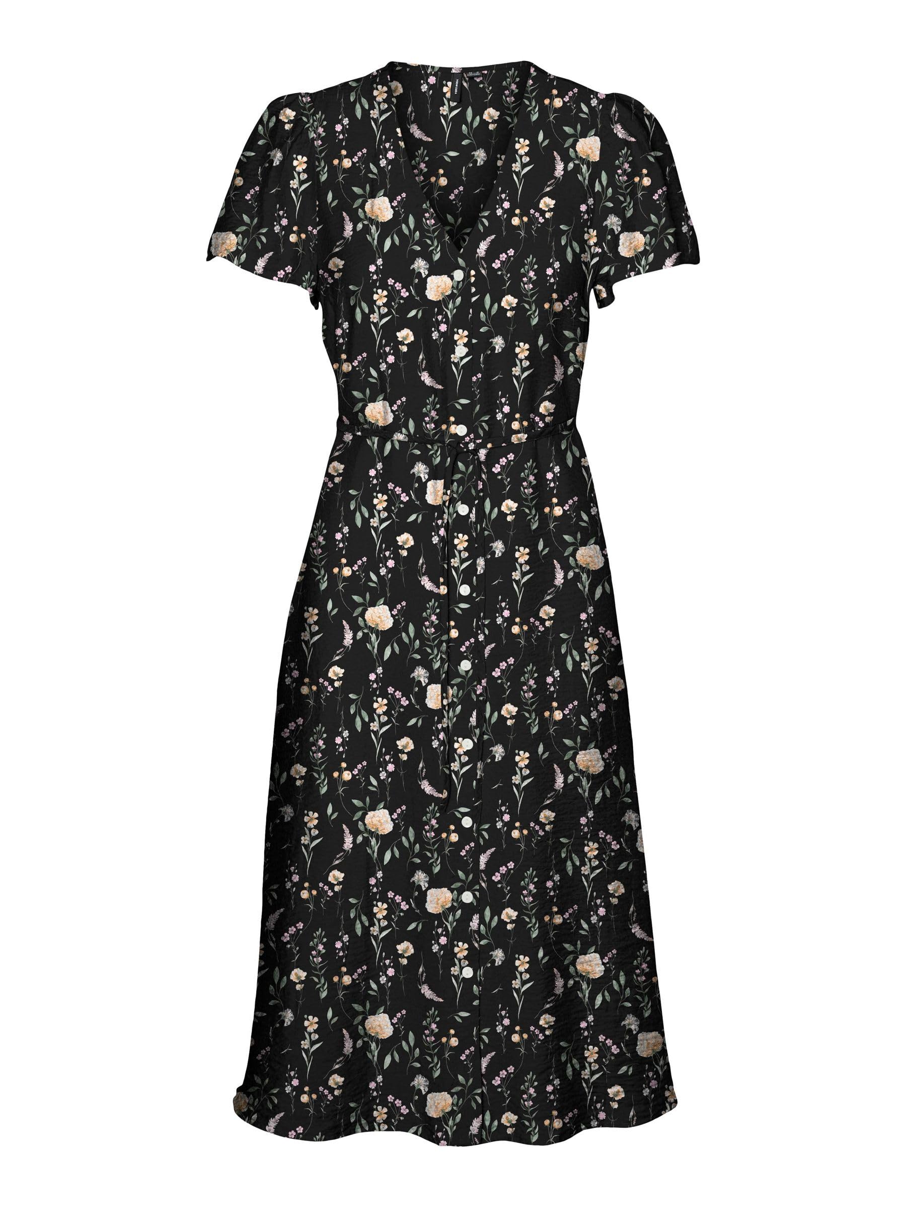 VERO MODA Women's Vmjosie SS Calf Shirt Dress WVN Ga Keid, Black/AOP: Hazel, M