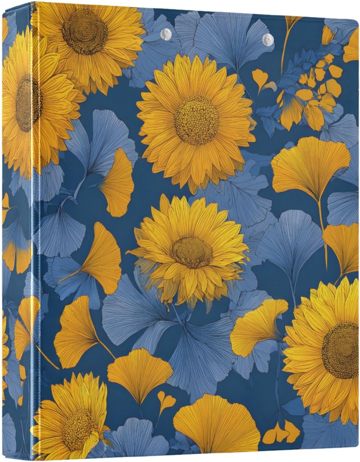 3 Ring Binders Yellow Blue Ginkgo Leaves Sunflowers 1.5 Inch Round Ring Binders with Pockets Decorative Clipboard Binder Holds 200 Sheets View Binder for Home School Office,1 Pack