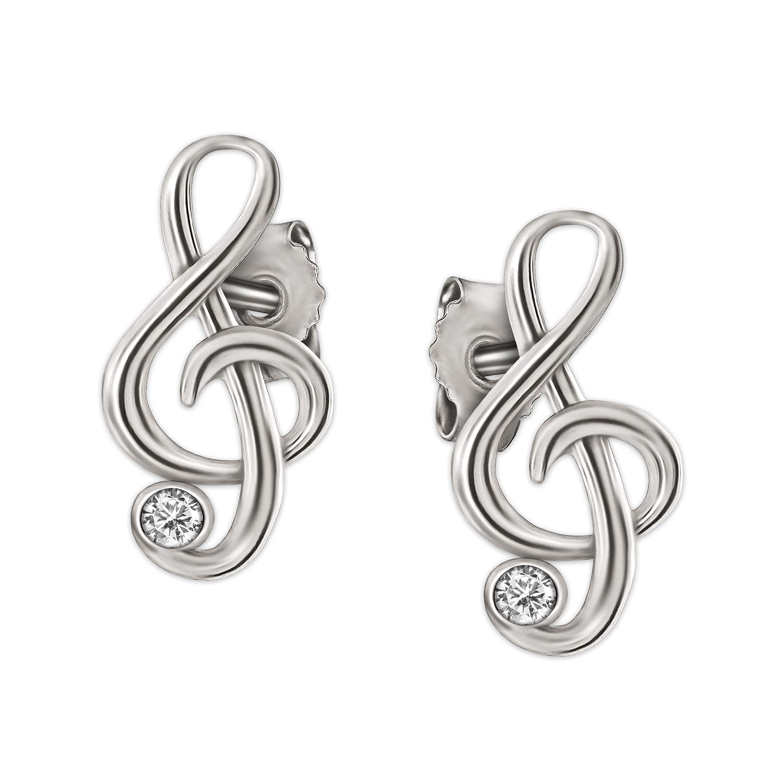 CLEVER SCHMUCKSmall and Elegant Musical Note Stud Earrings Jewellery in White 925 Silver with Sparkling Zirconia; Size: 9 x 5 mm