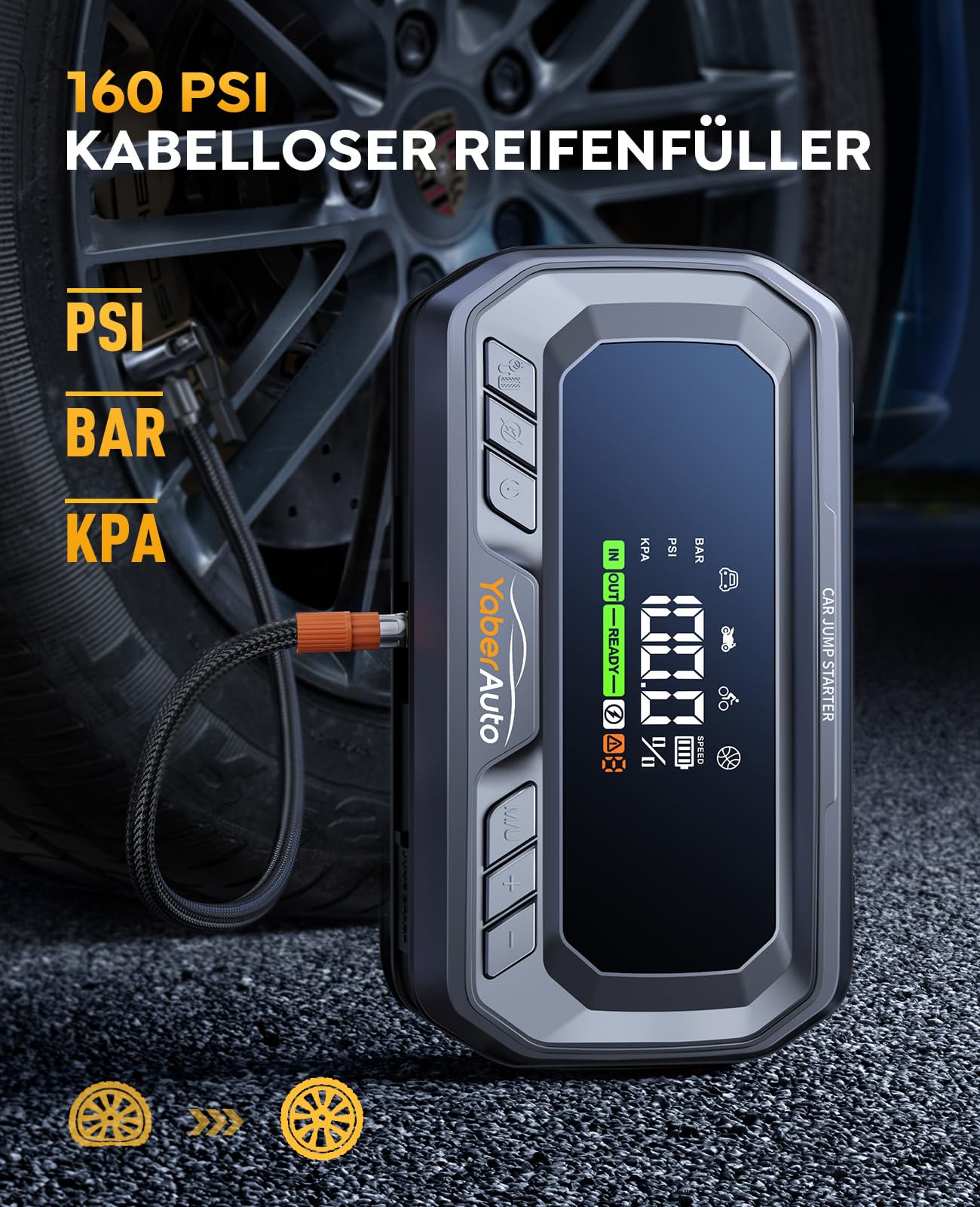 YaberAuto Starthilfe Powerbank mit Kompressor, 160PSI 8000A Auto Starthilfe, PD 65W Starthilfe Powerbank für All Benzin und 12.0L Dieselmotor, Starthilfe mit 600 Lumen Notlicht und 3.3" LCD Bildschirm