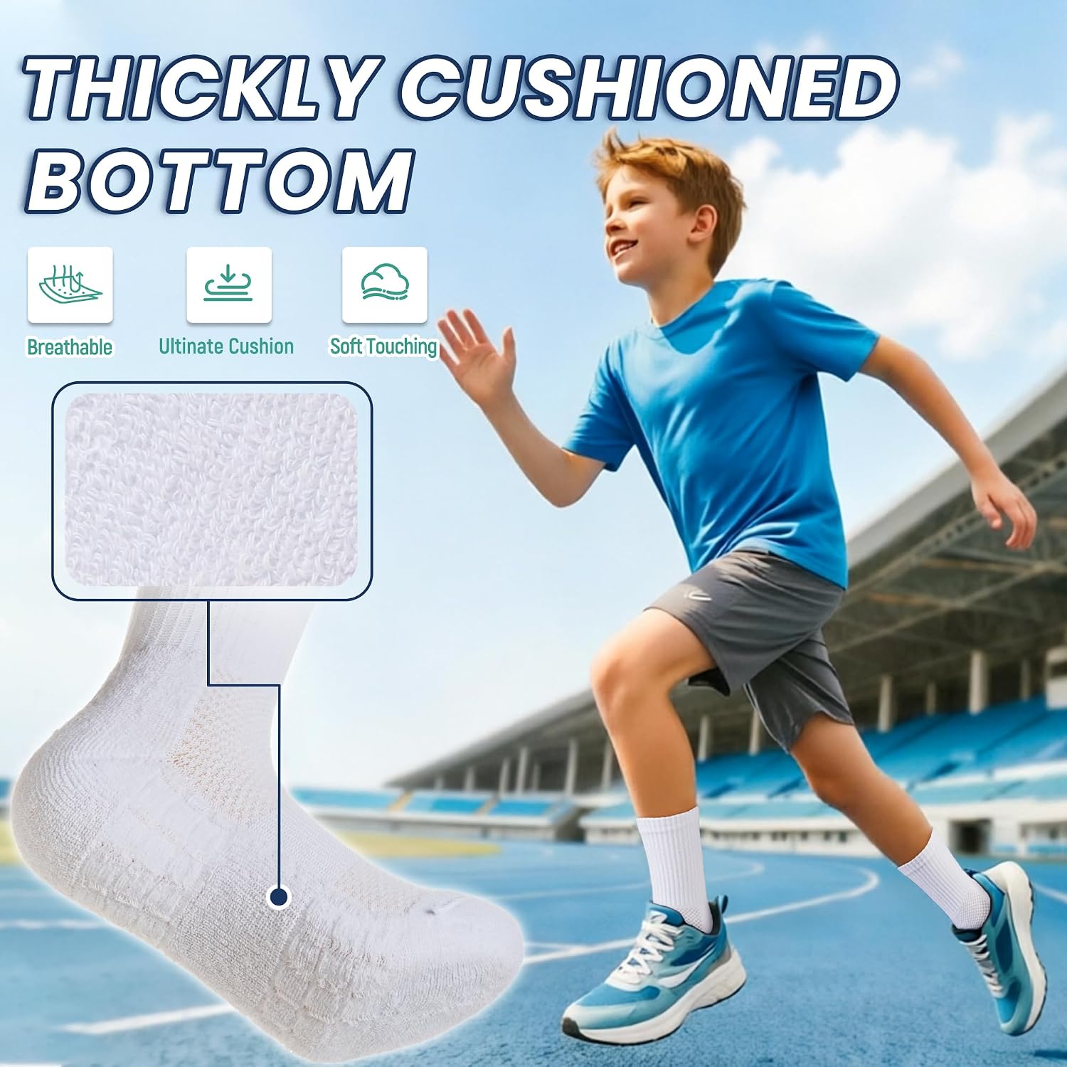 Eyean Boys Athletic Half Cushioned Socks Kids Youth Cotton Crew Sport Socks 6 Pairs