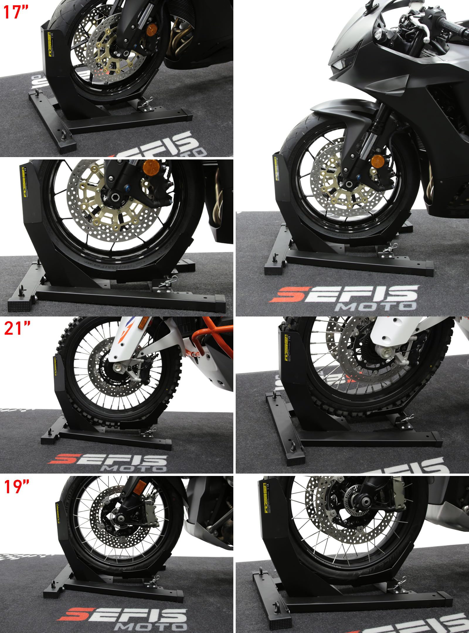 SEFIS C20 Soporte de transporte para motocicleta delantera de moto, balancín de motocicleta, soporte de transporte, para neumáticos delanteros de 16 – 21 pulgadas, montaje en suelo, abrazadera de
