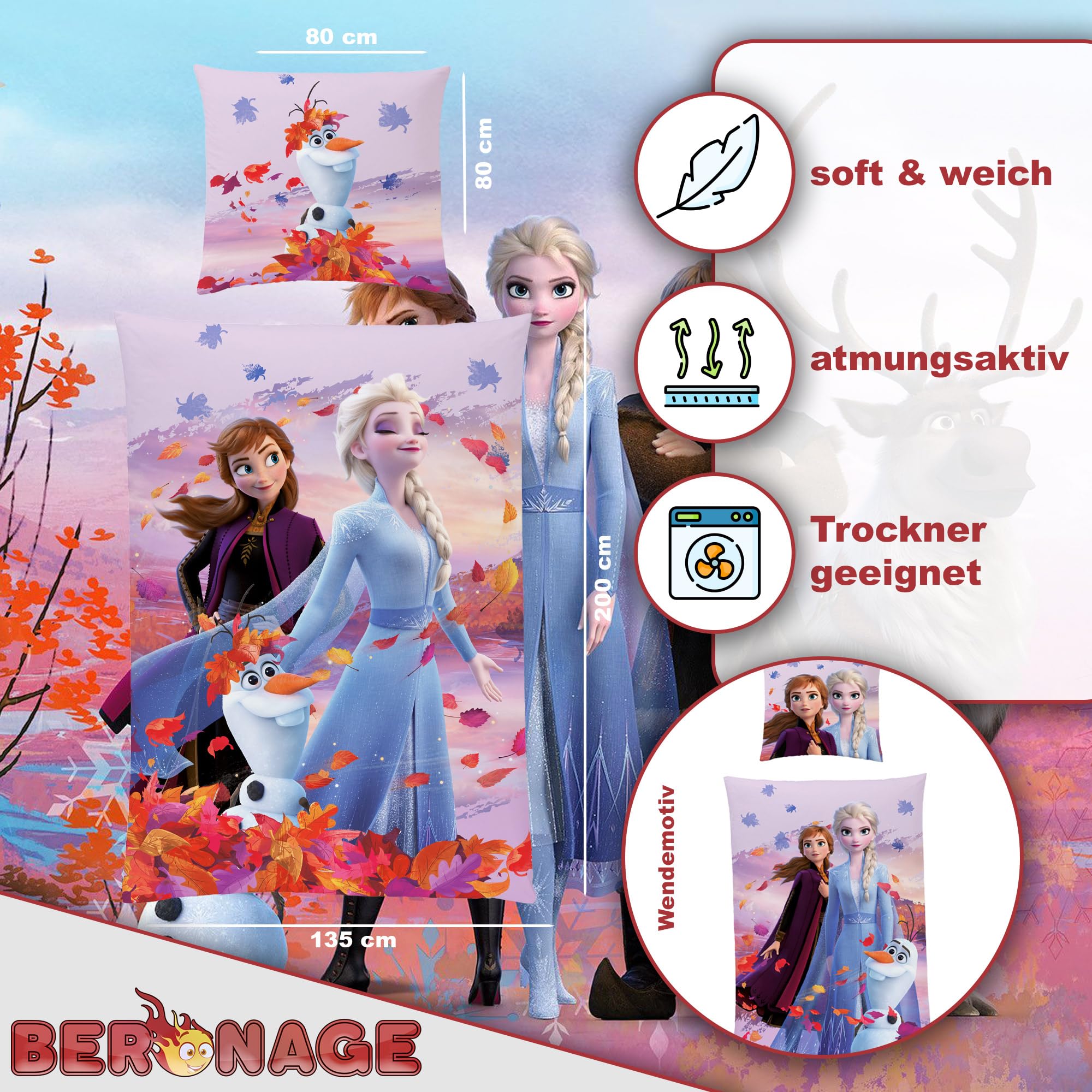 Frozen Die Eiskönigin Kinder-Bettwäsche Dreamteam 135 x 200 + 80 x 80 cm 100% Baumwolle Biber-Flanell-Qualität Disney ELSA Anna Snowman Sven Kristoff Olaf mit Reißverschluss Deutsche Größe