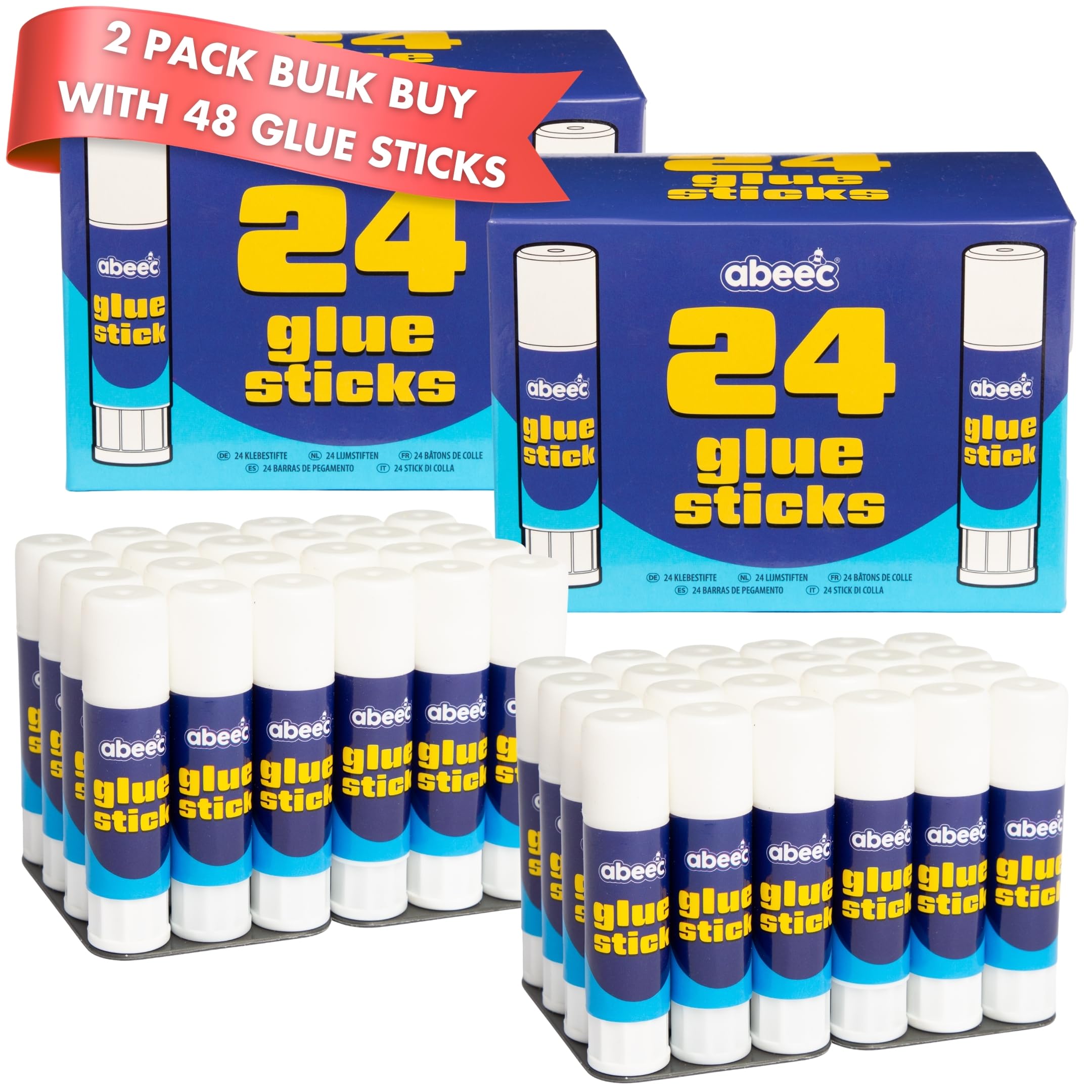 abeec Glue Sticks Bulk Pack 48 x 10g β 2 Pack School Glue Sticks for Classroom Supplies and Office | Non-Toxic Washable Paper Glue | Nursery and Craft Essentials | Value Multipack