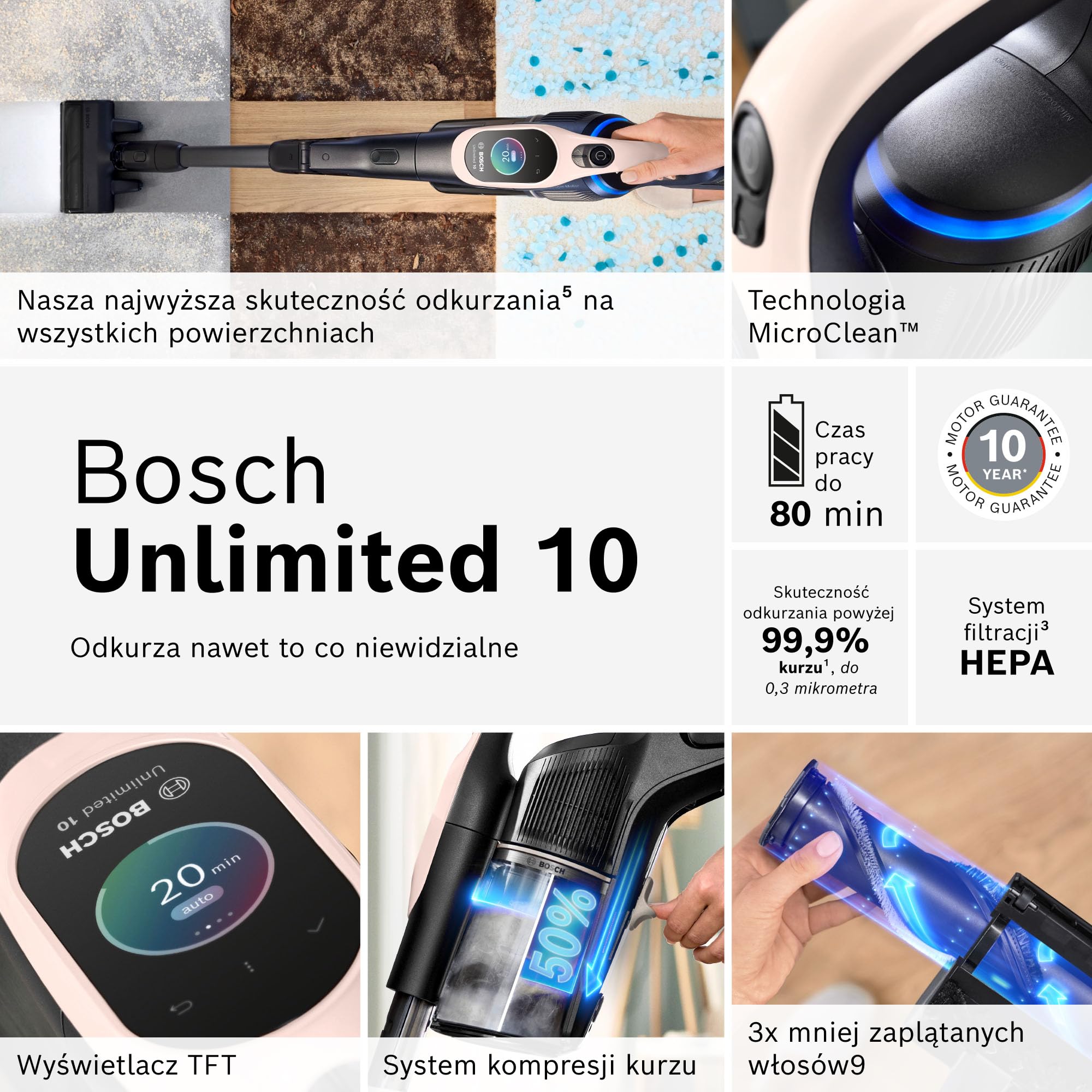 Bosch Unlimited 10, Odkurzacz Bezprzewodowy z Technologią MicroClean, łatwo opróżnianym pojemnikiem na kurz, zginaną rurą, podświetleniem LED i akumulatorem 4,0 Ah, kolor różowy, BKS1041RHF