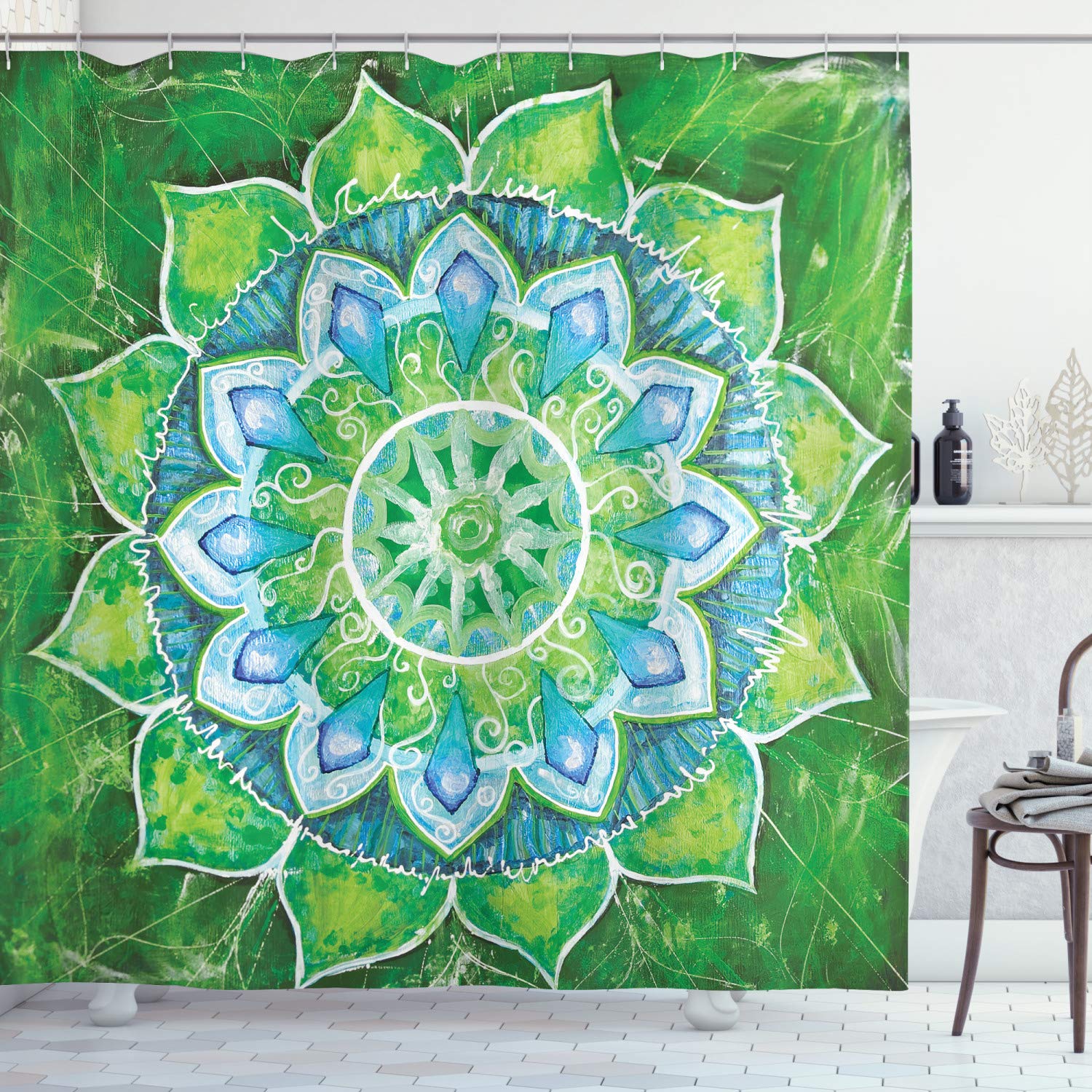 ABAKUHAUS Mandala Shower Curtain, Grand Leaf Forms of Nature and Theme Green Boho Style Floral Print, Cloth Fabric Bathroom Decor Set with Hooks, 94 Inches, Green Blue