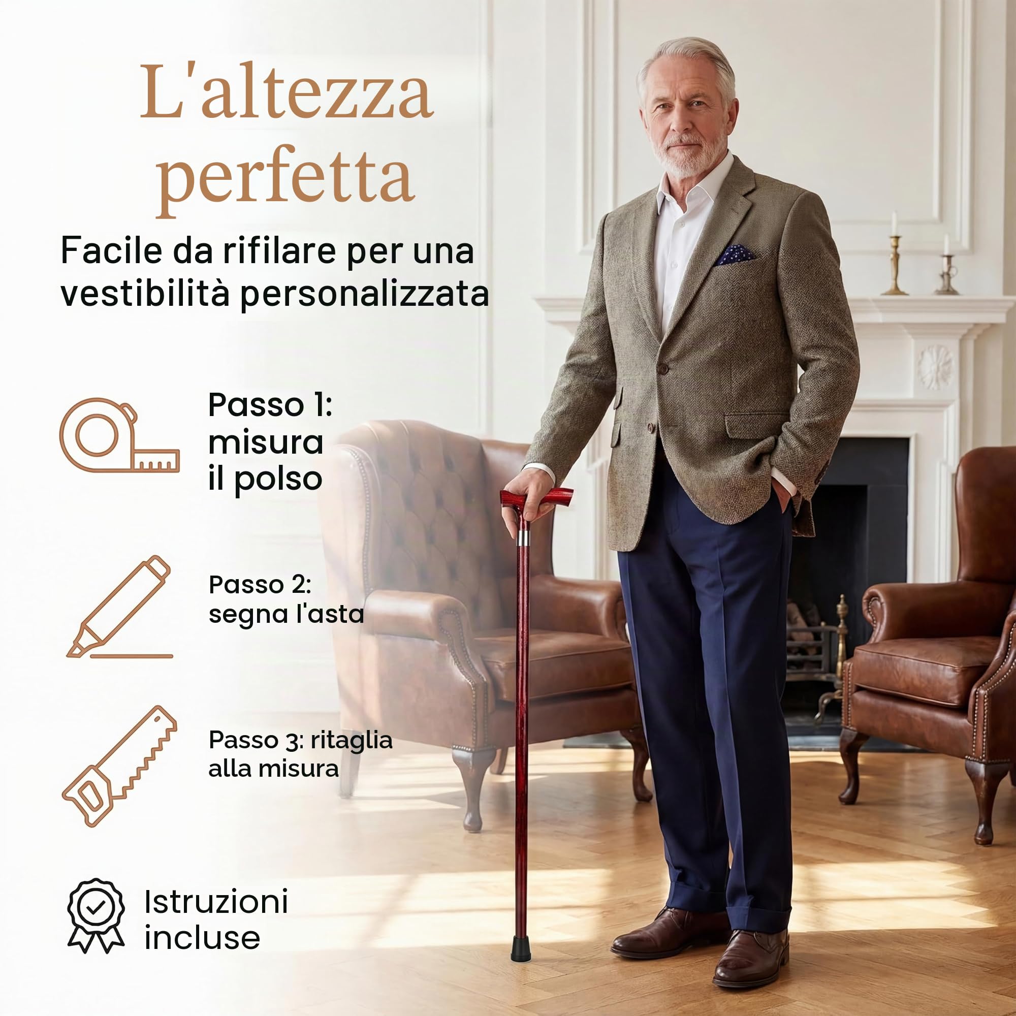 Dr. Watson Classic Fritz Walking Stick – Handcrafted Ash Wood Cane with Polished Stainless Steel Collar