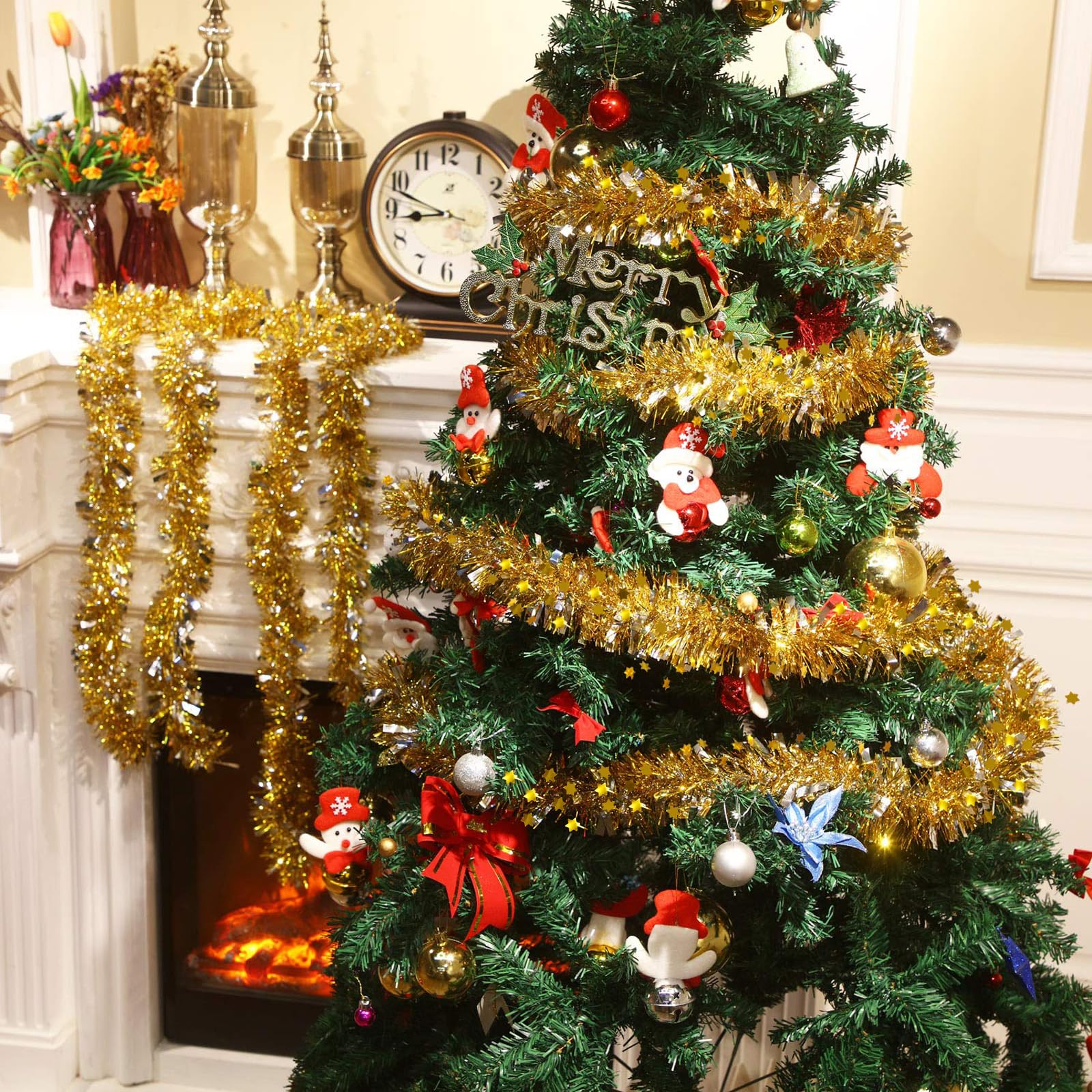 6 stuks klatergoud kerstslingers, 12 m met sterren, glinsterende decoratie voor boom, binnenhuis, feest, verjaardag, bruiloft (goud