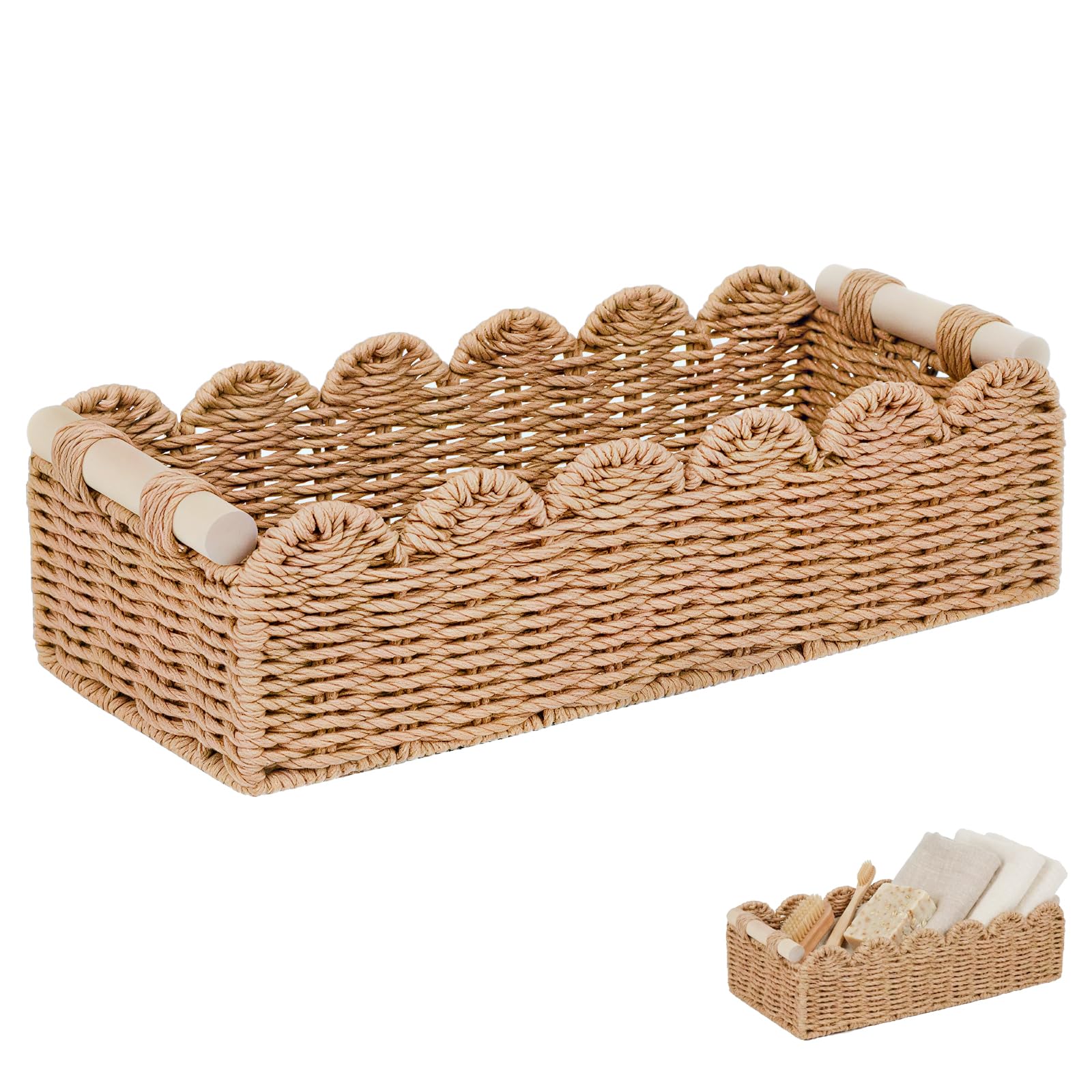 Aufbewahrungskorb Geflochten, Storage Baskets Toilet Paper Storage Toilet Roll Basket Organizer Korb mit Holzgriffen für Küche Bad Kinderzimmer Küche Büro ﻿