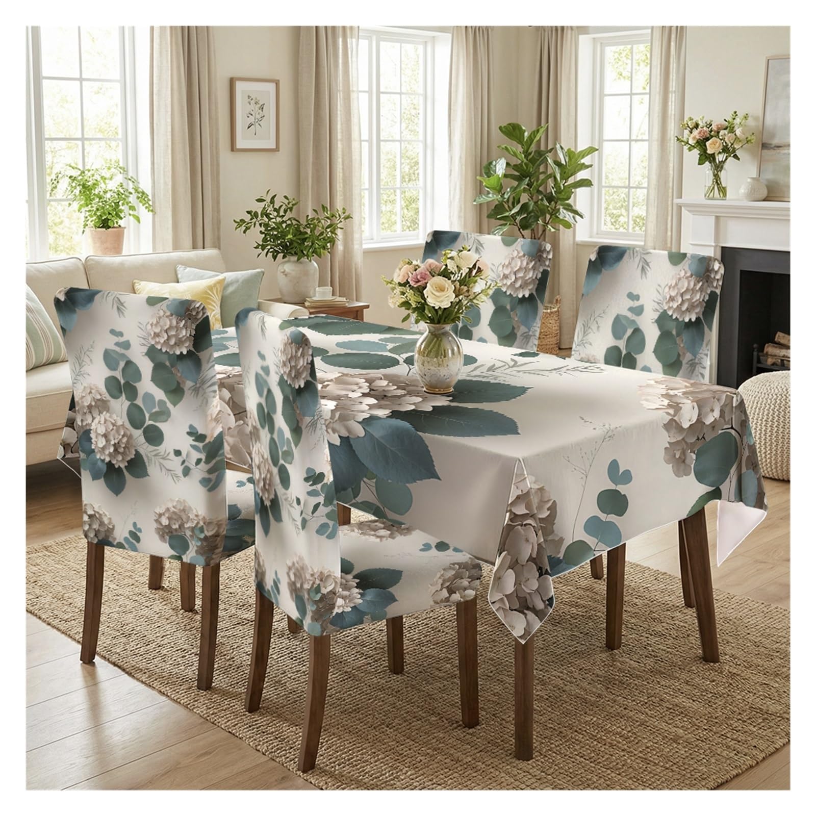 BOSUYBN Neutral Beige Hydrangea & Eucalyptus Leaf Print Dining Tablecloth & Chair Covers Set, 5/7 Piece Minimal Boho Farmhouse Dining Decor Table Setting(5pcs Set: Tablecloth+Chair Covers)