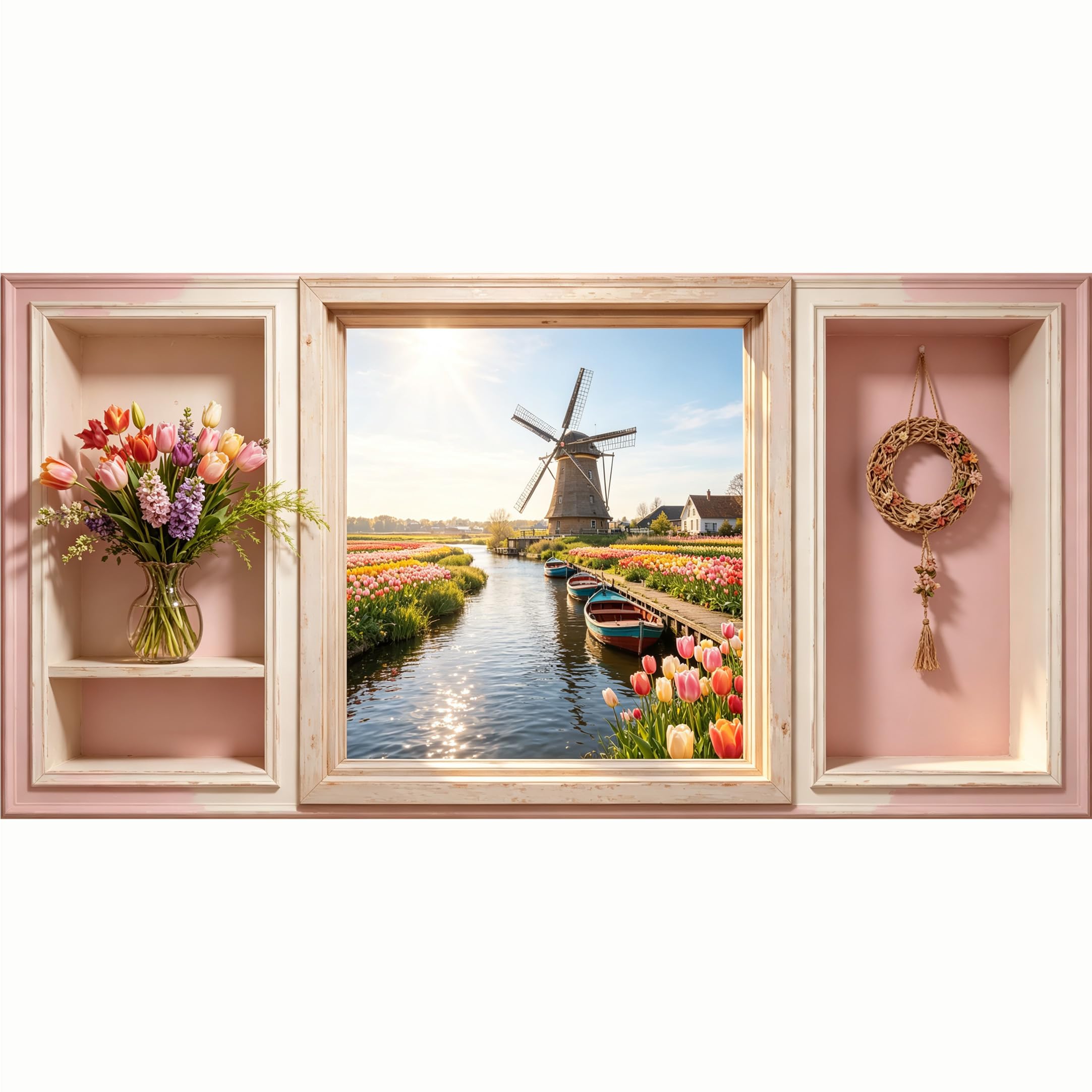 QZLITHOTIC 50x100cm 3D Framed Wall Art， Dutch Windmill Landscape Tulip Field Farmhouse SelfAdhesive Mural， WaterActivated Peel & Stick Fabric Decor Wall Decal for Bedroom Living Room