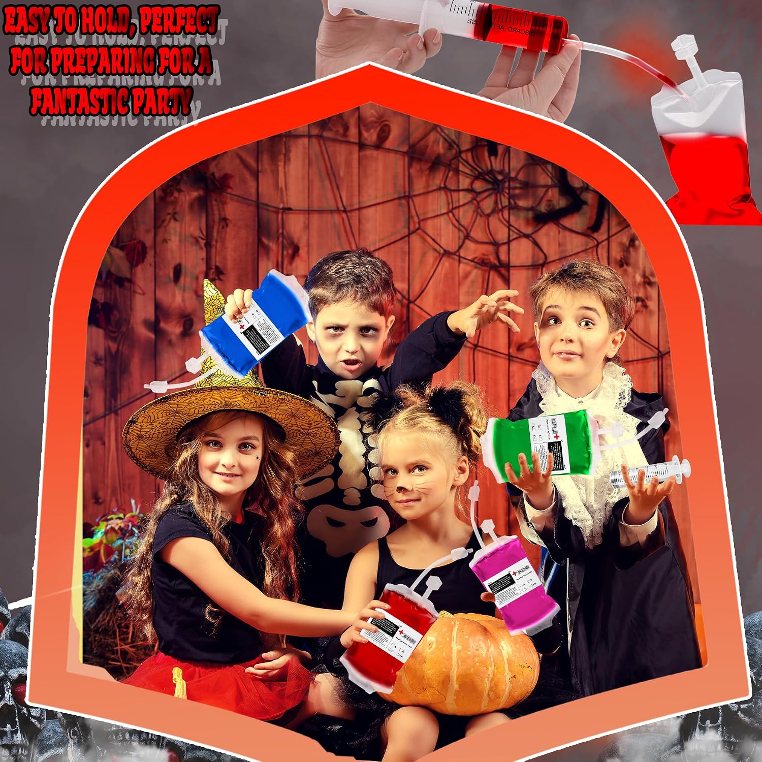128 Pack Halloween Blood Bags for Drinks Set Including 120 Pcs Novelty Juice Pouches with Clips and Labels 8 Pcs Syringes for Vampire Zombie Nurse Theme Party Supplies image 4