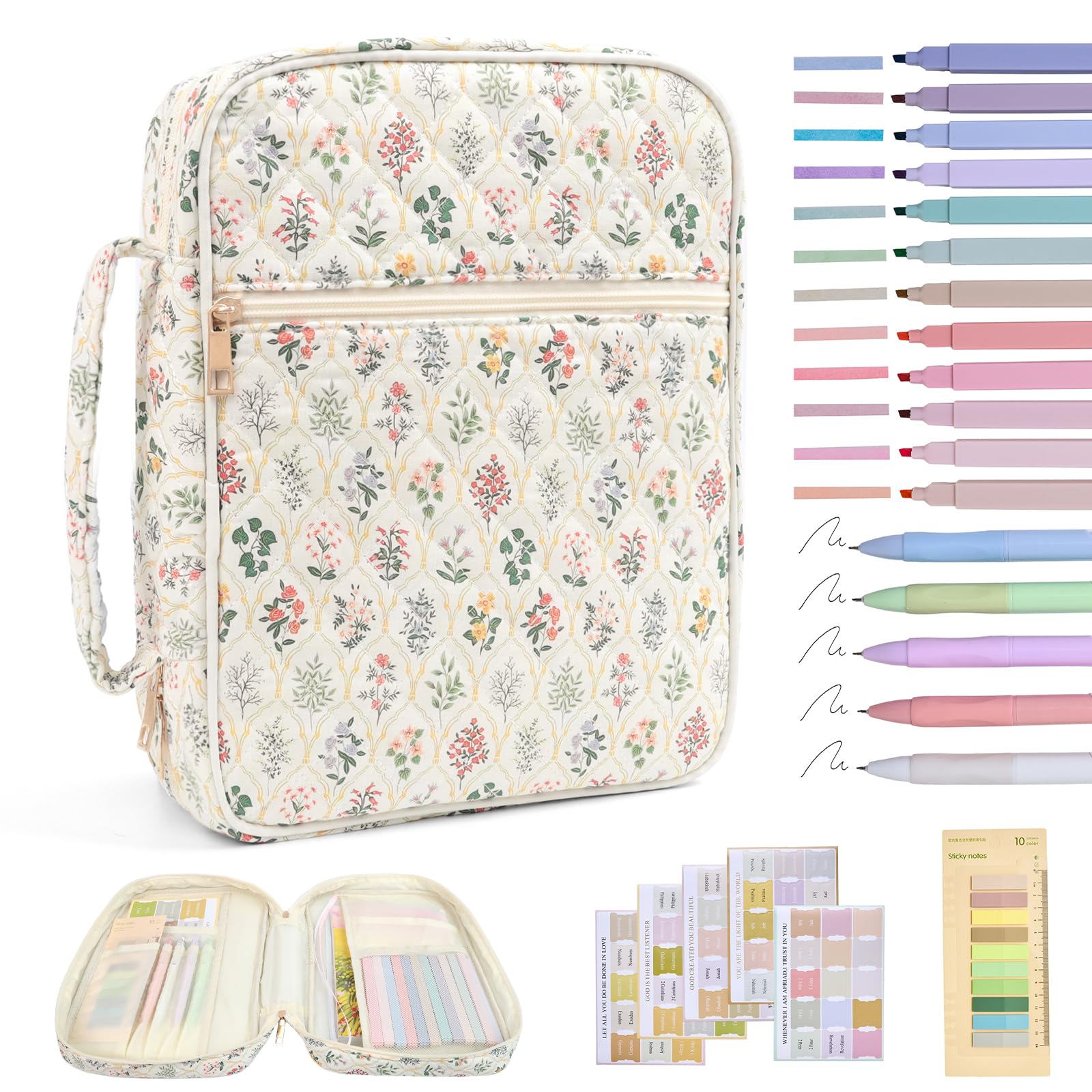 Bible Cover Case for Women Large Bible Cover with Durable Handle Quilted Bible Carrying Case for Girls Bible Study Supplies Accessories (Wildflower