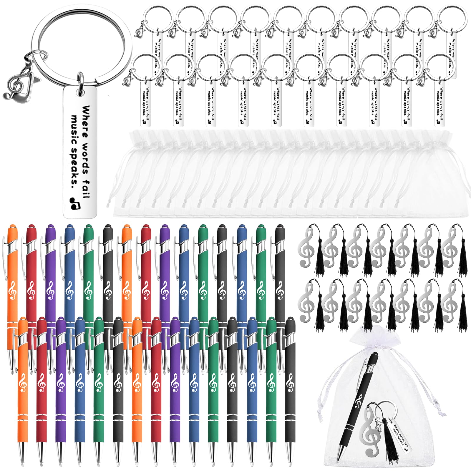Augacage 120 Pcs Music Gifts for Students Include 30 Music Note Ballpoint Pen 30 Music Keychain 30 Metal Music Bookmark 30 Organza Bag Choir Gifts for Student Teacher Music Lover