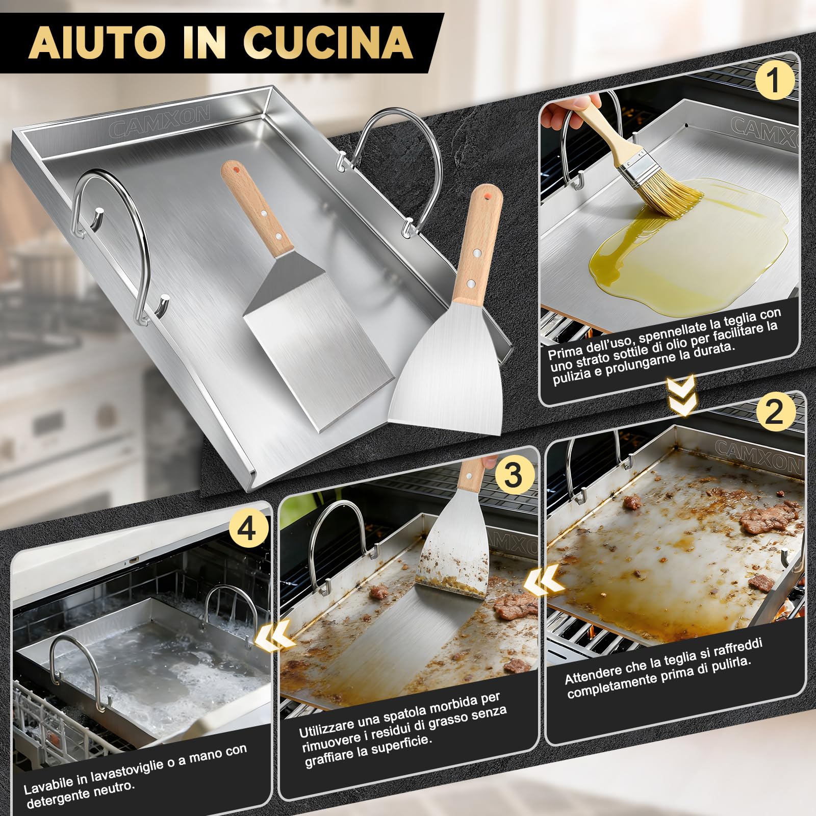 Piastra universale in acciaio inox, 40,5 x 31 cm, spessa 4 mm | Con scarico del grasso, lavabile in lavastoviglie, adatto per barbecue a gas e barbecue a carbone